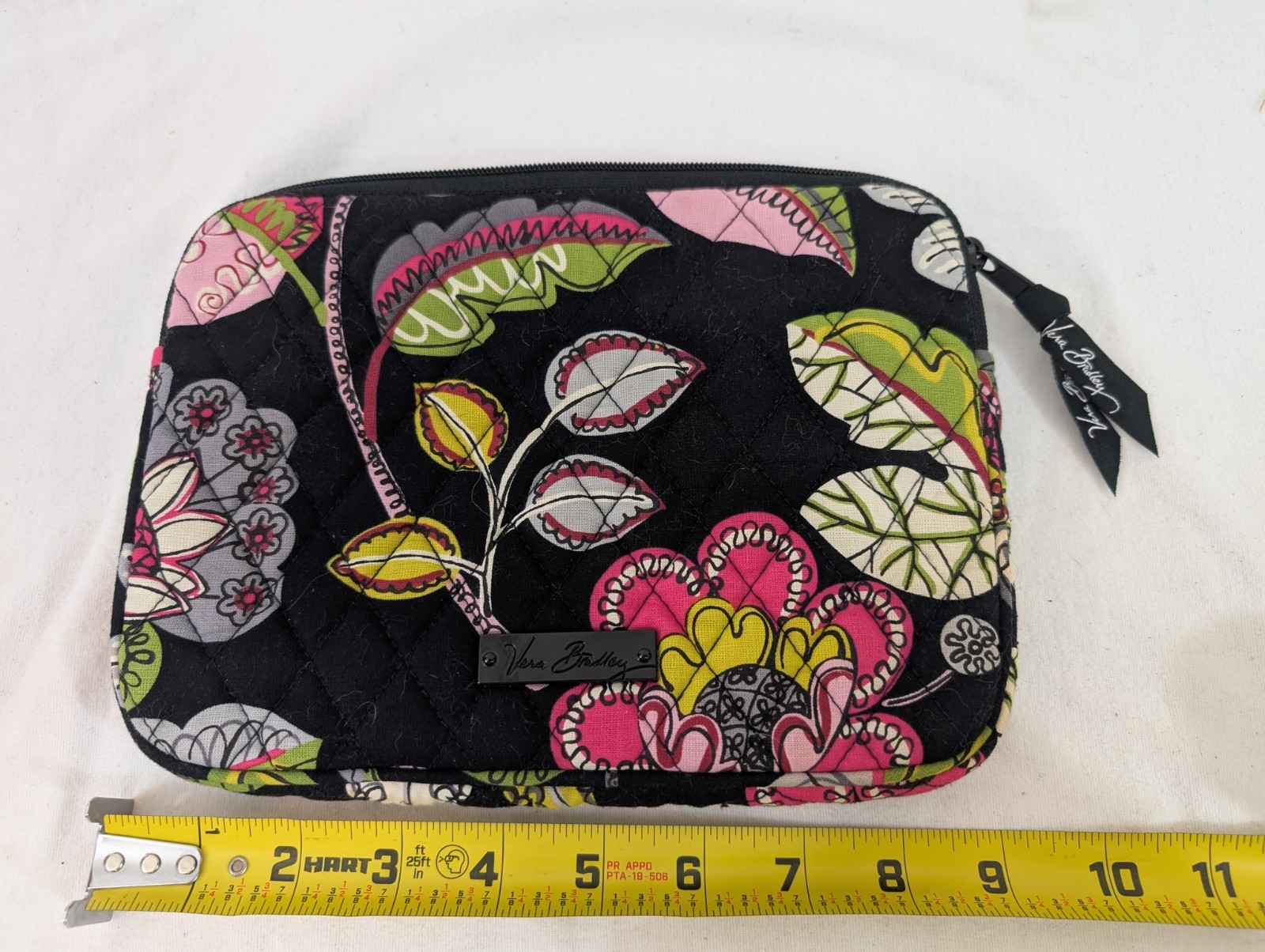 Vera Bradley Quilted E-Reader Tablet Sleeve Pouch Case Black Pink Floral Zip
