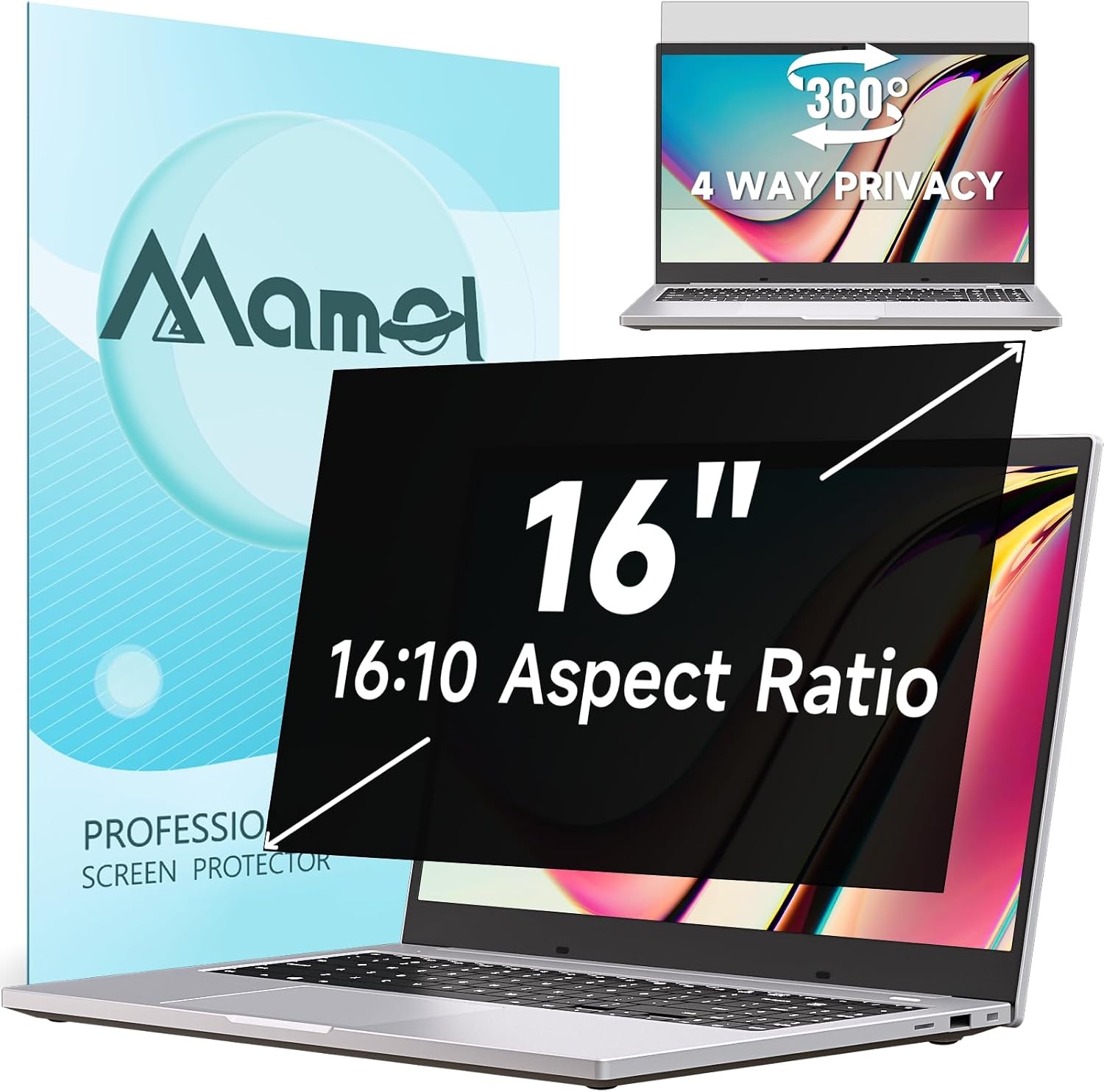 360° Laptop Privacy Screen 16 Inch 16:10, Anti-Glare Blue Light Filter Shield