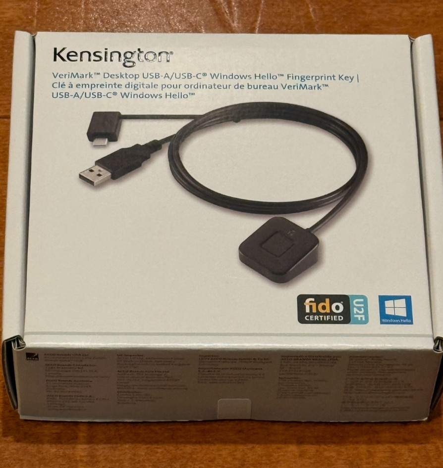 Kensington VeriMark Desktop USB-A/USB-C Windows Hello Fingerprint Key FIDO U2F