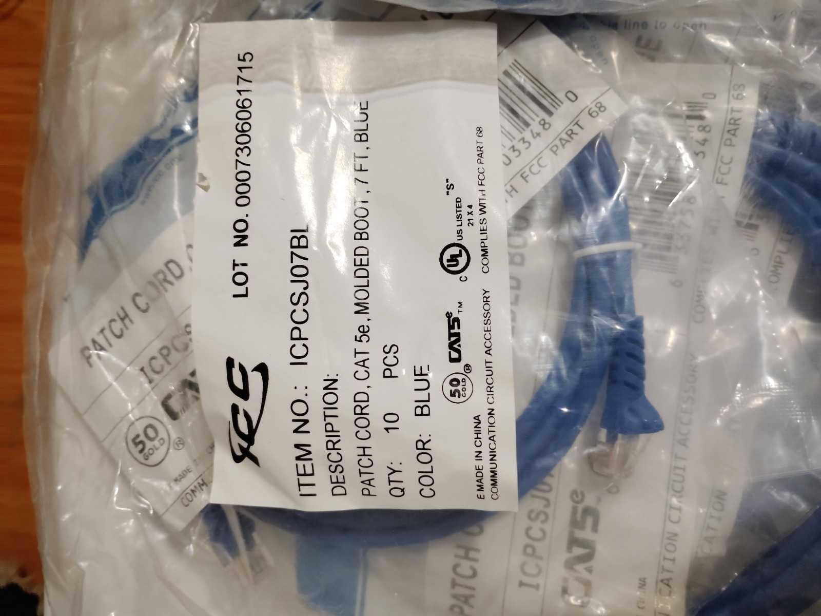 Lot of (16)Patch Cord CAT 5e Molded Boot 7 FT Blue ICC ICPCSJ07BL