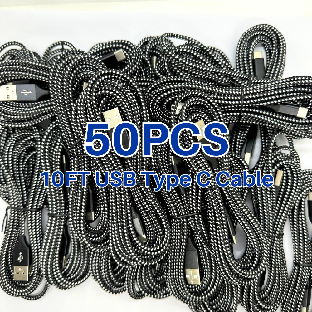 50Pack Braided USB C Type-C Fast Charging Data SYNC Charger Cable Cord 10Ft Lot