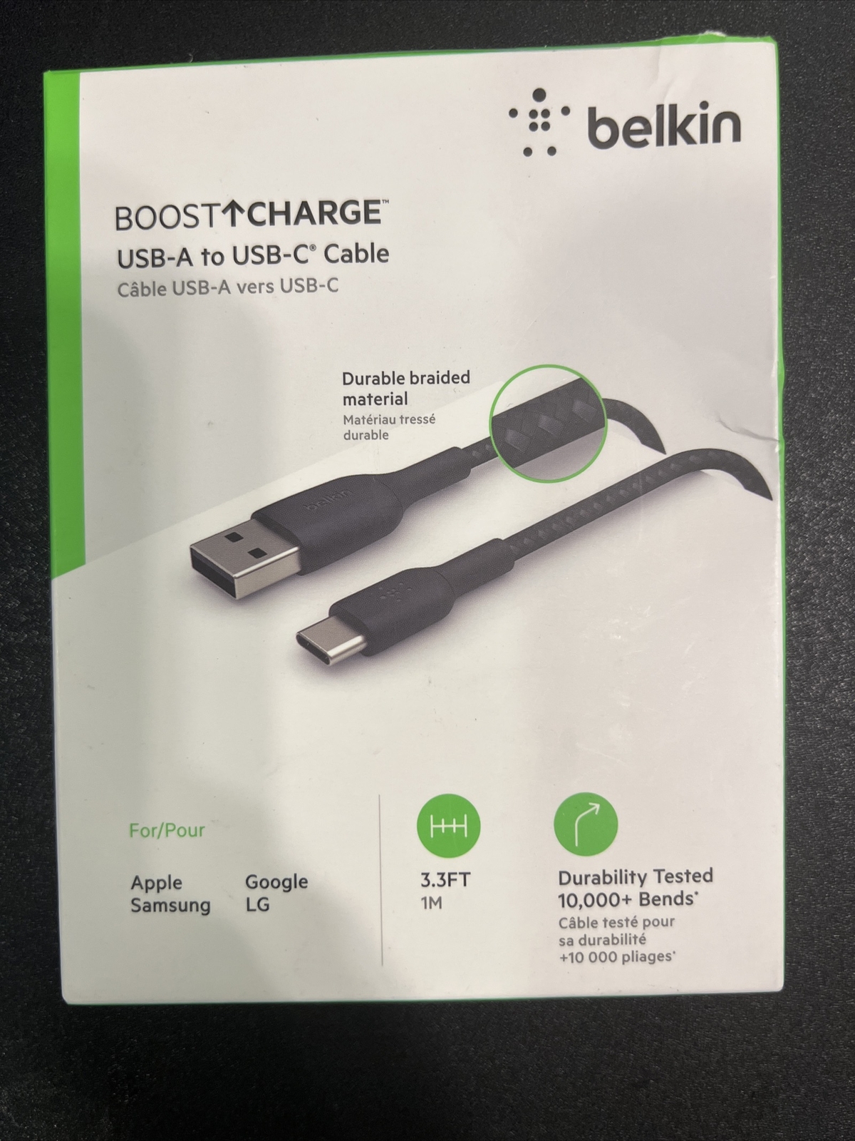 Belkin USB-A to USB-C Cable Black Braided Cable 3.3FT, New