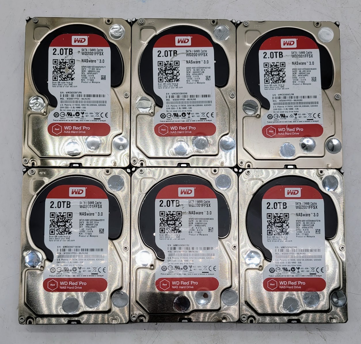 Lot of 6 WD Red Pro 2TB NAS HDD SATA 3.5” 7200RPM WD2001FFSX 
