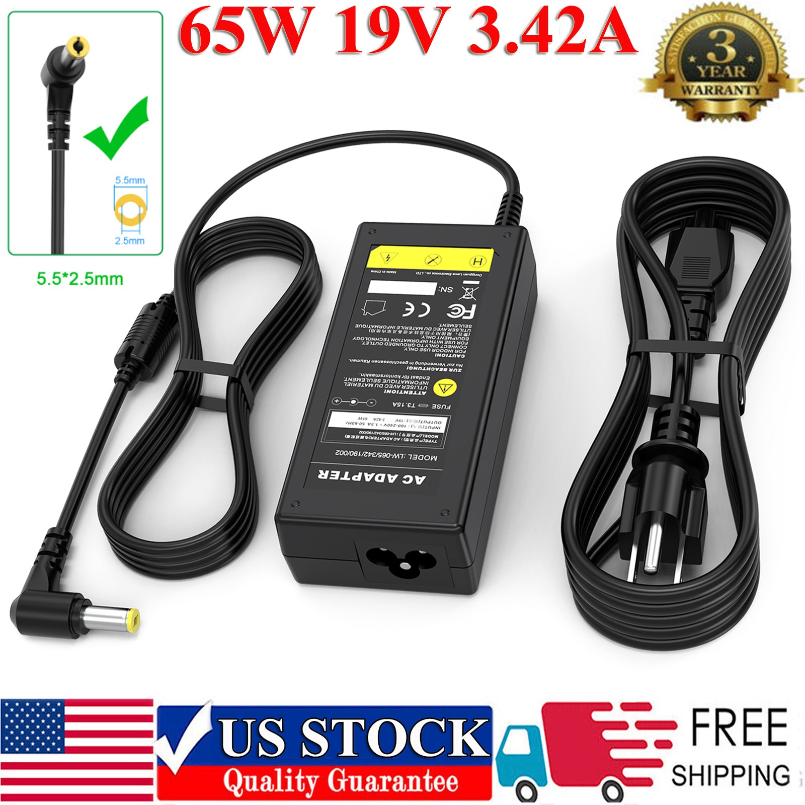 19v 3.42A AC Power Supply 3.42 Amp 19 Volt Adapter Charger LCD Screen 5.5x2.5mm