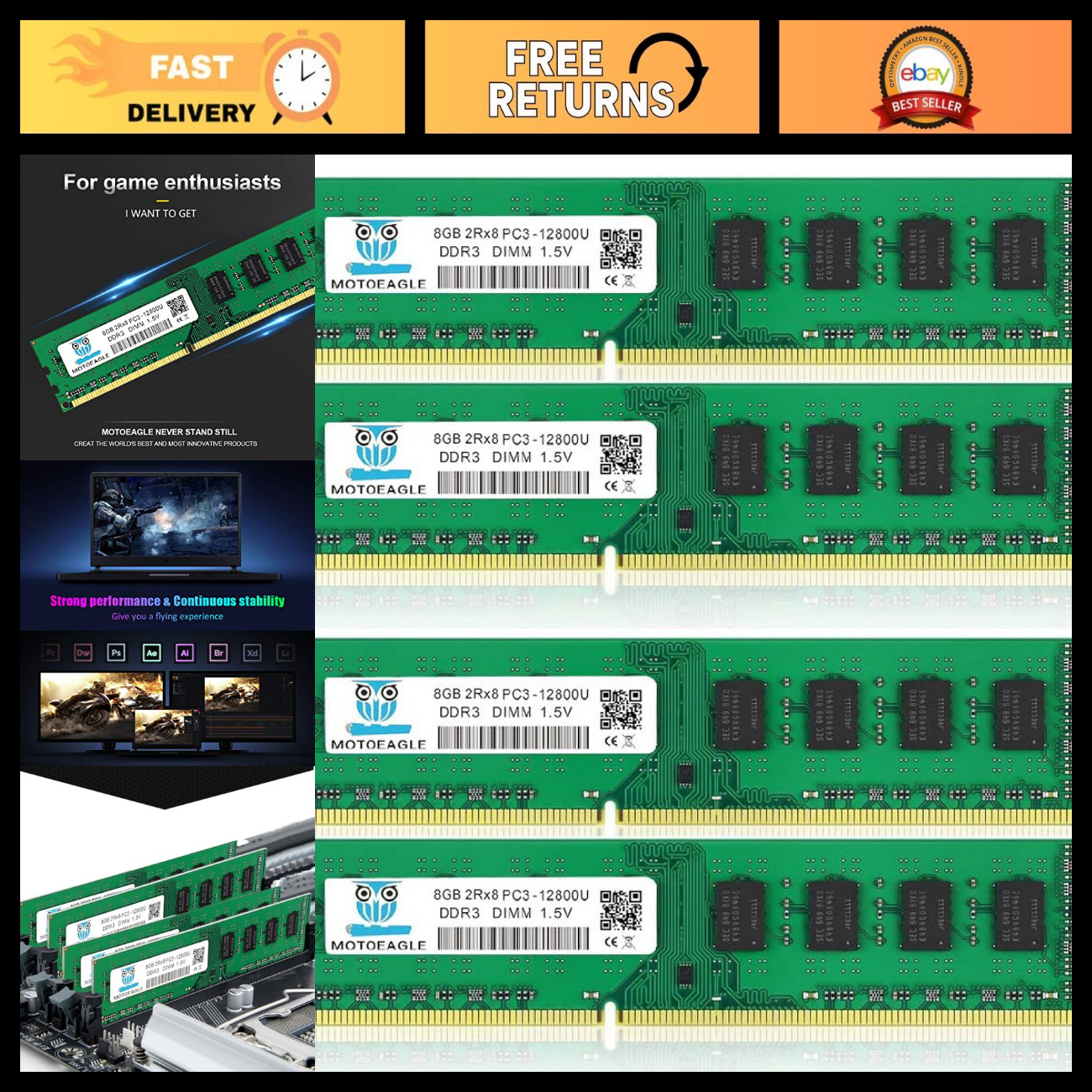 32GB DDR3 RAM 1600MHz PC3-12800U 240-Pin UDIMM Desktop Memory Kit (4x8GB)