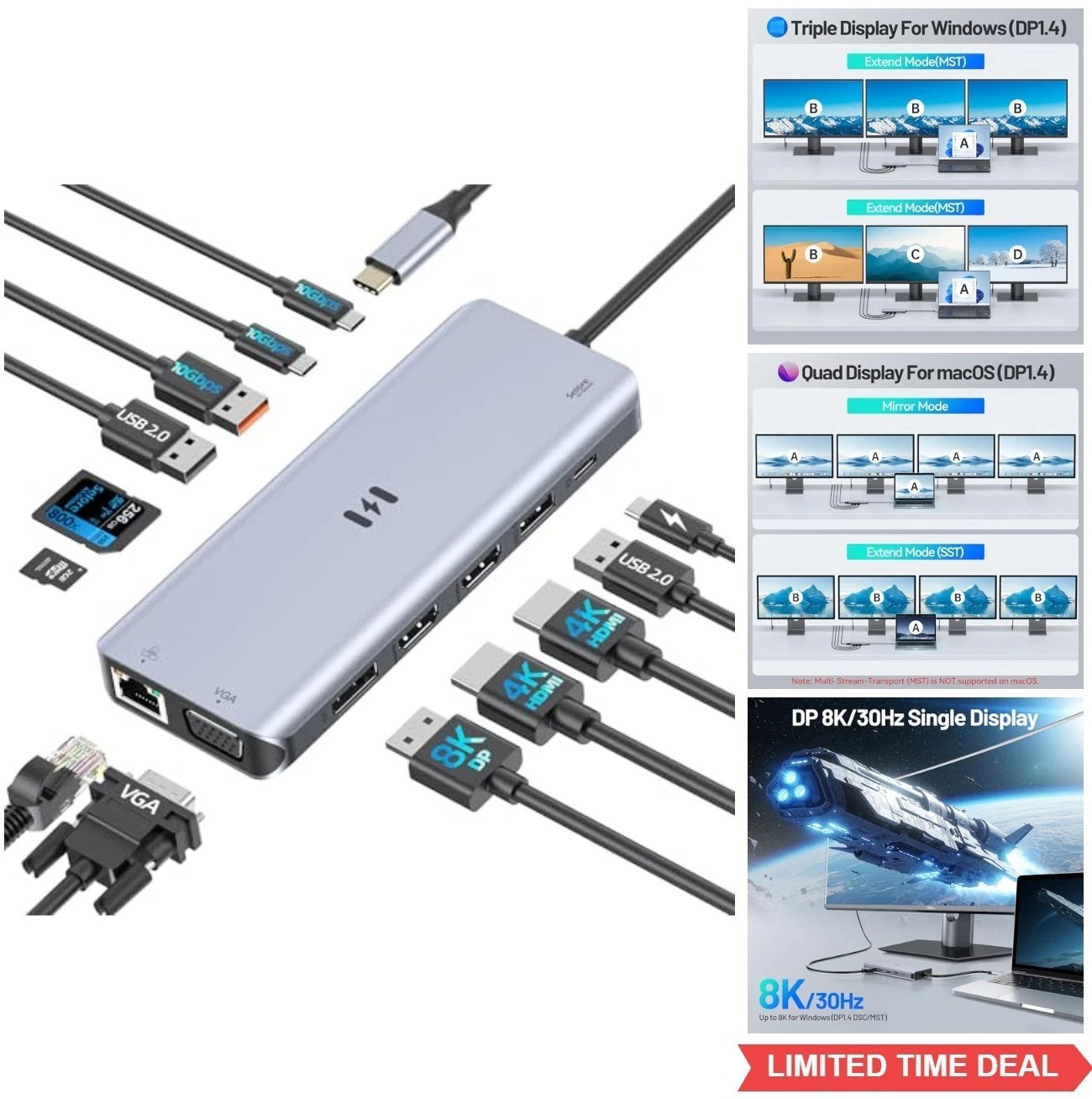 13 in 1 USB C Docking Station Dual HDMI 8K DisplayPort VGA 100W PD Charging