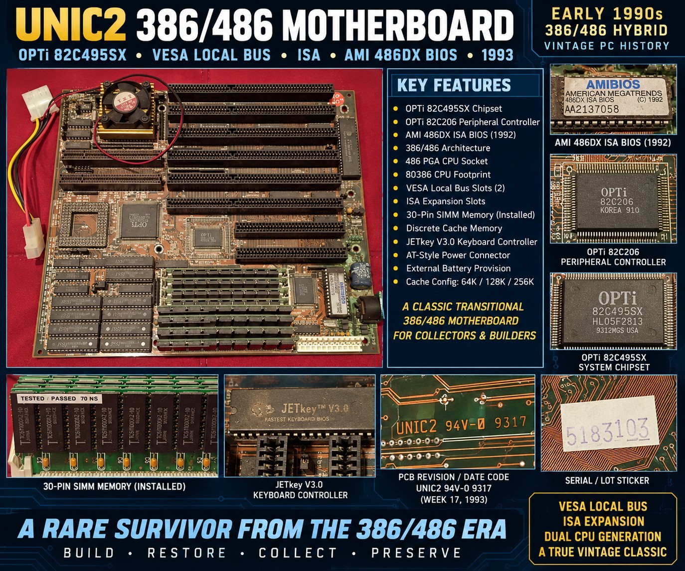 Vintage UNIC2 386 486 Motherboard OPTi 82C495SX VLB ISA AMI BIOS RAM 1993