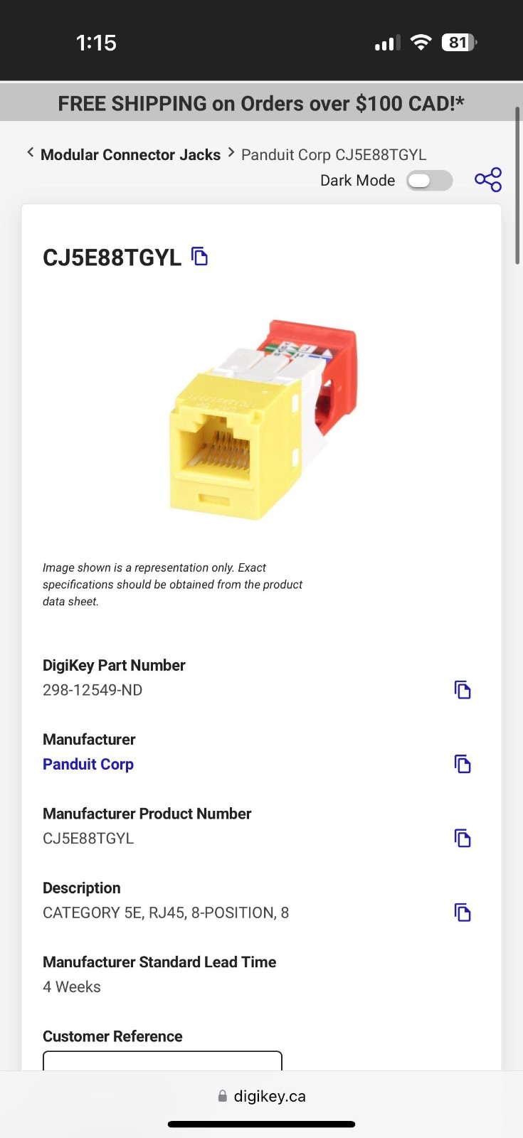 (BOX OF 50) Panduit CJ5E88TGYL Mini-Com Cat5e Modular Jack, Yellow ~STSI