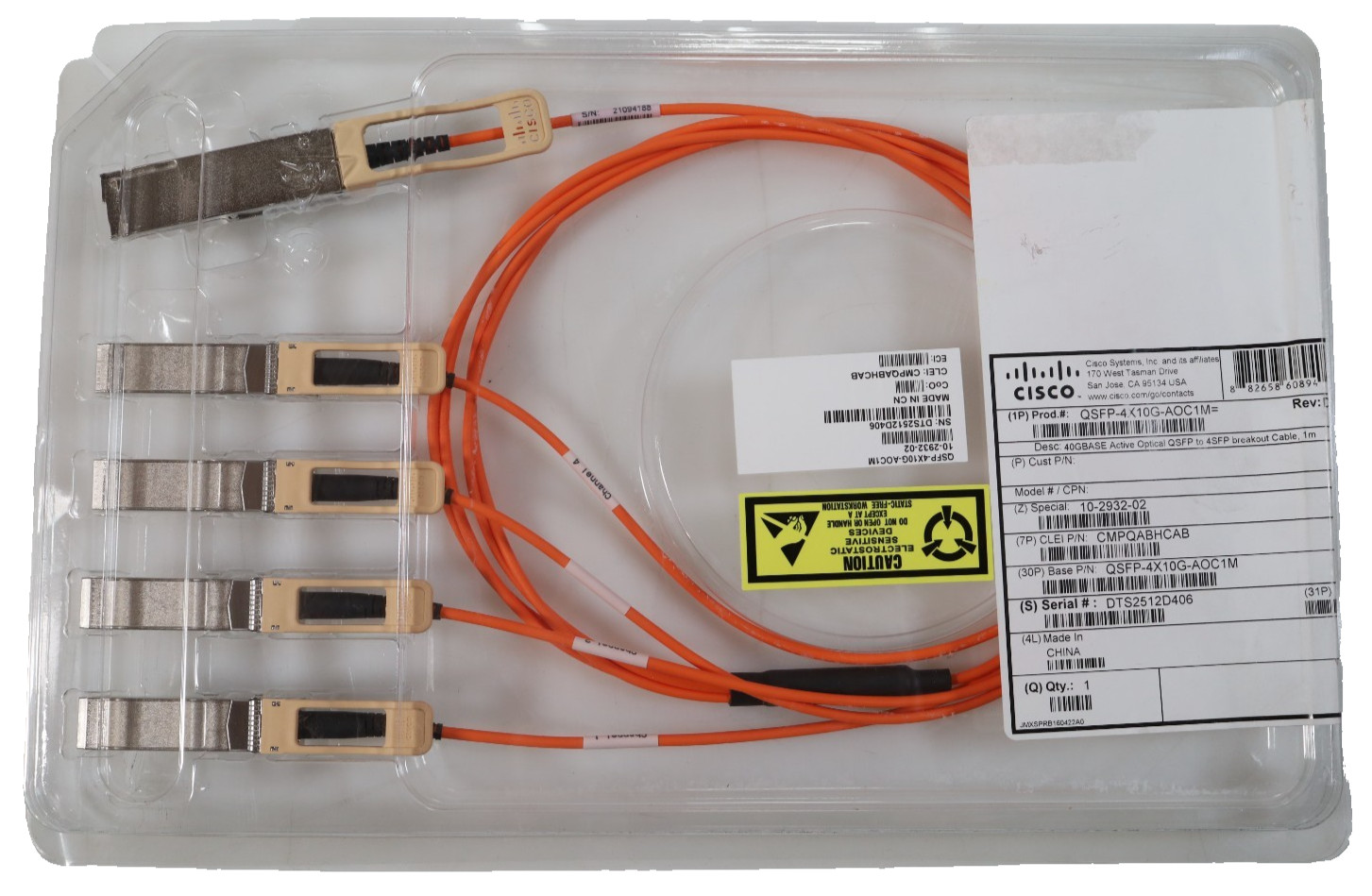 Cisco QSFP-4X10G-AOC1M Active Optical Cable New Open Box