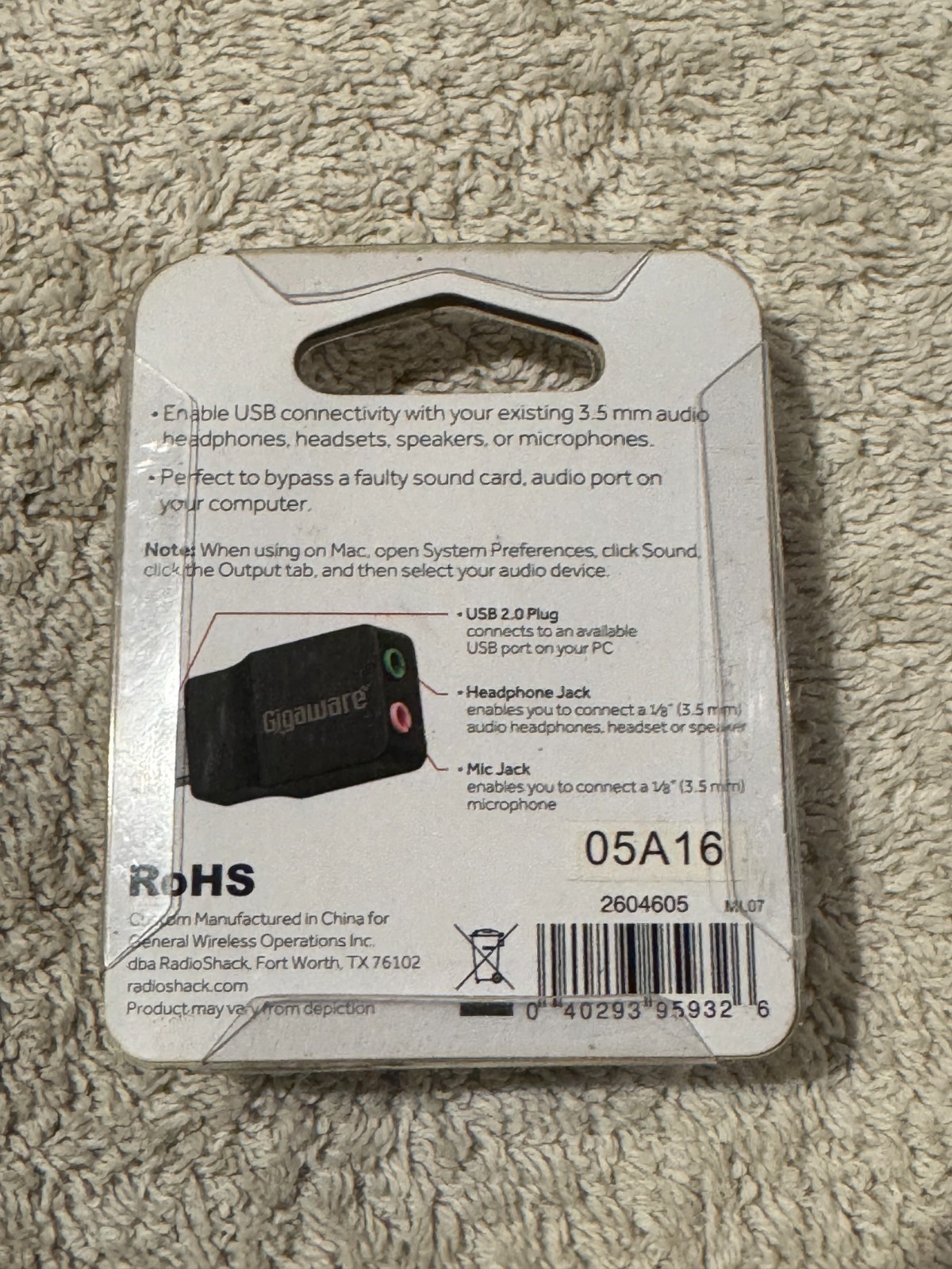 Gigaware 1/8" (3.5mm) to USB Adapter 05A16 - NEW