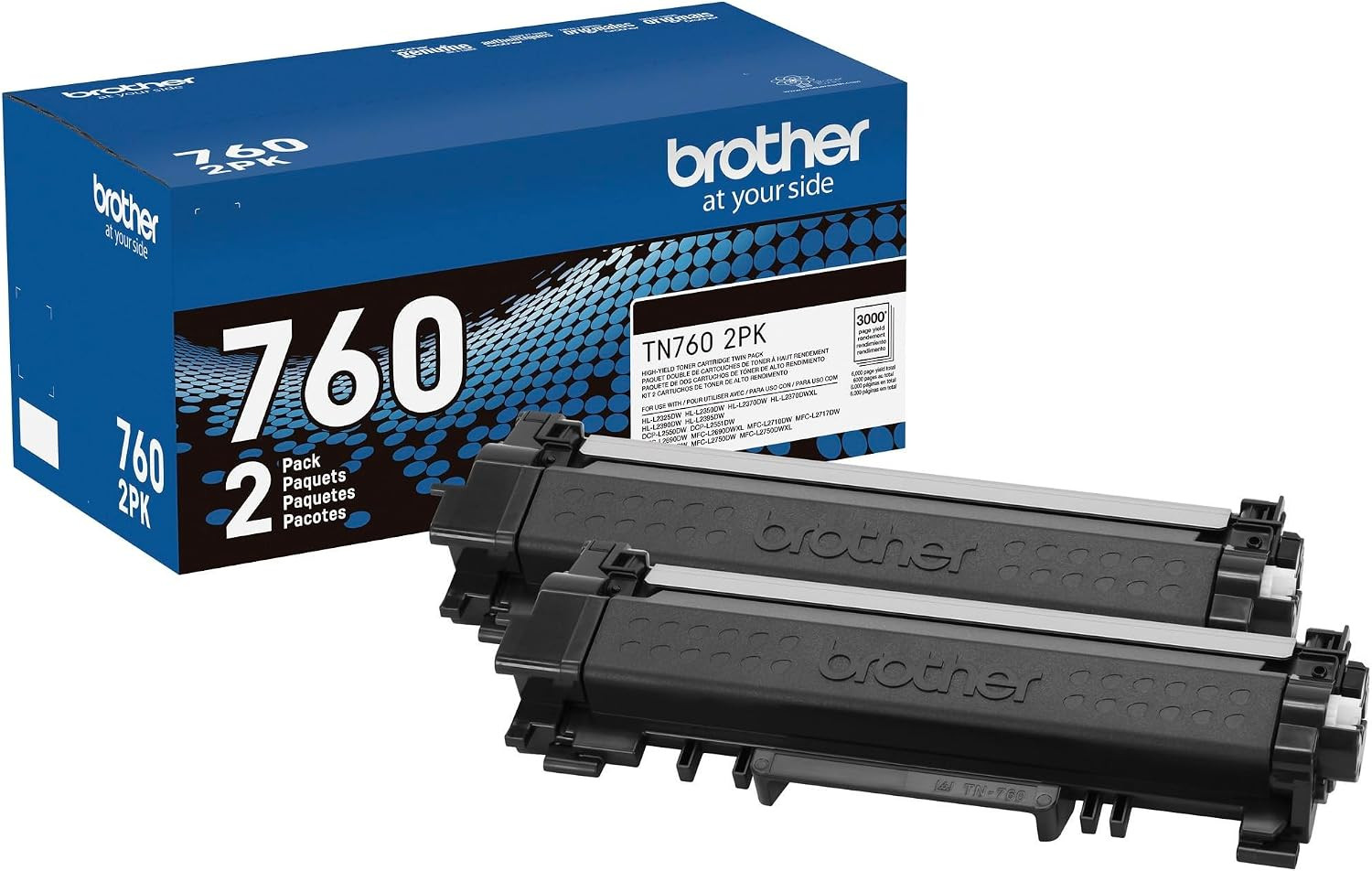 Genuine High-Yield Black Toner Cartridge Twin Pack TN760 2Pk, TN7602PK,2 Pack