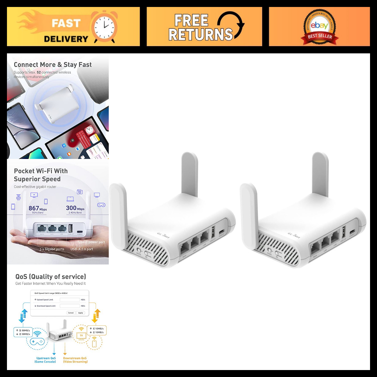 AC1200 Dual-Band Travel Router - Pack of 2, Portable Wi-Fi Hotspot, Secure Conne