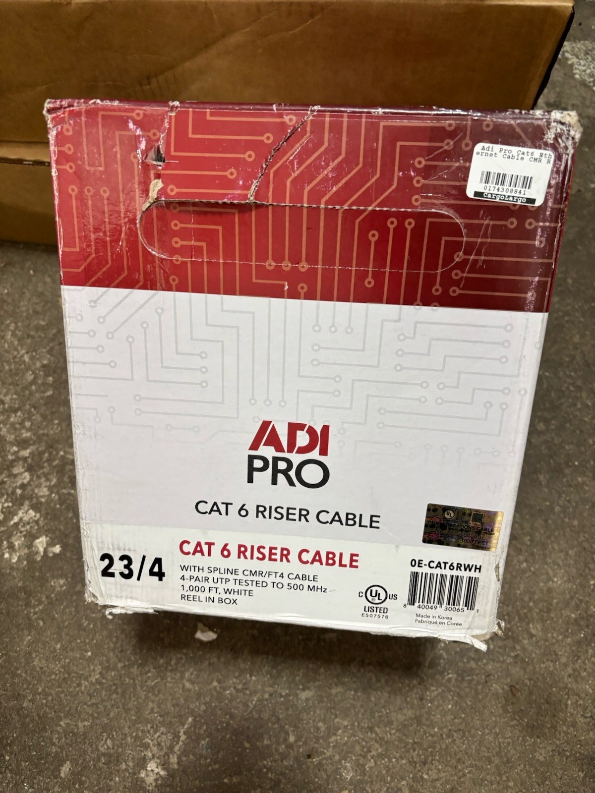 ADI PRO CAT6 Plenum Cable 23AWG 4-Pair UTP, Solid Copper, 1000ft Reel-in-Box