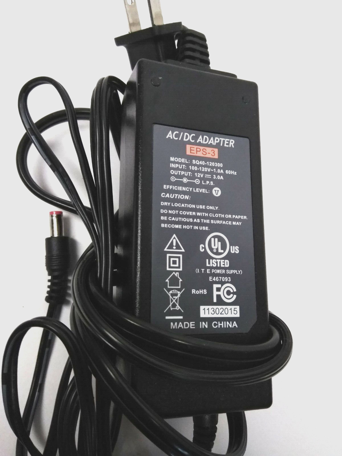 AC DC Power Adapter EPS-3 SQ40-120300-A 100-120V 60HZ 1A 12V 3A 11302015