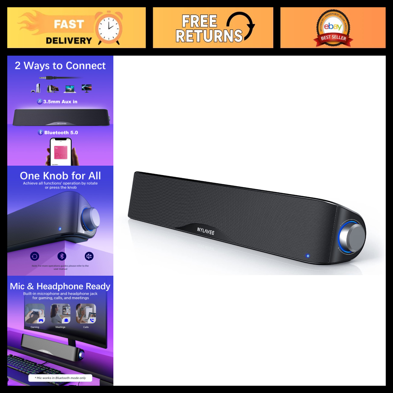 Bluetooth & AUX Desktop Computer Speakers, Wired & Wireless Sound Bar for PC