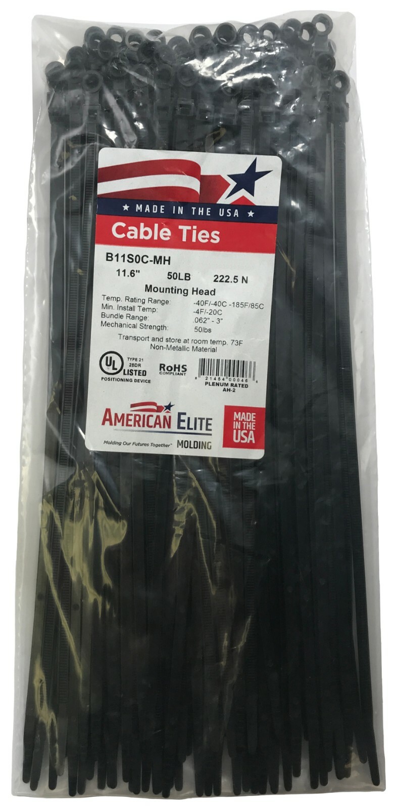 (100) Black Mounting Head Hole 11" Inch Nylon Cable Wire Wrap Zip Ties 50 LB USA