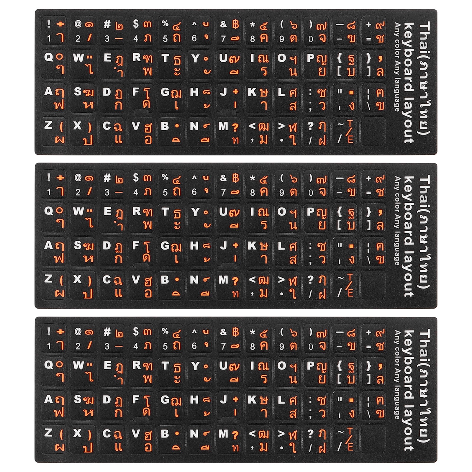 Thai Keyboard Stickers Black Background W Orange White Lettering 3Pcs