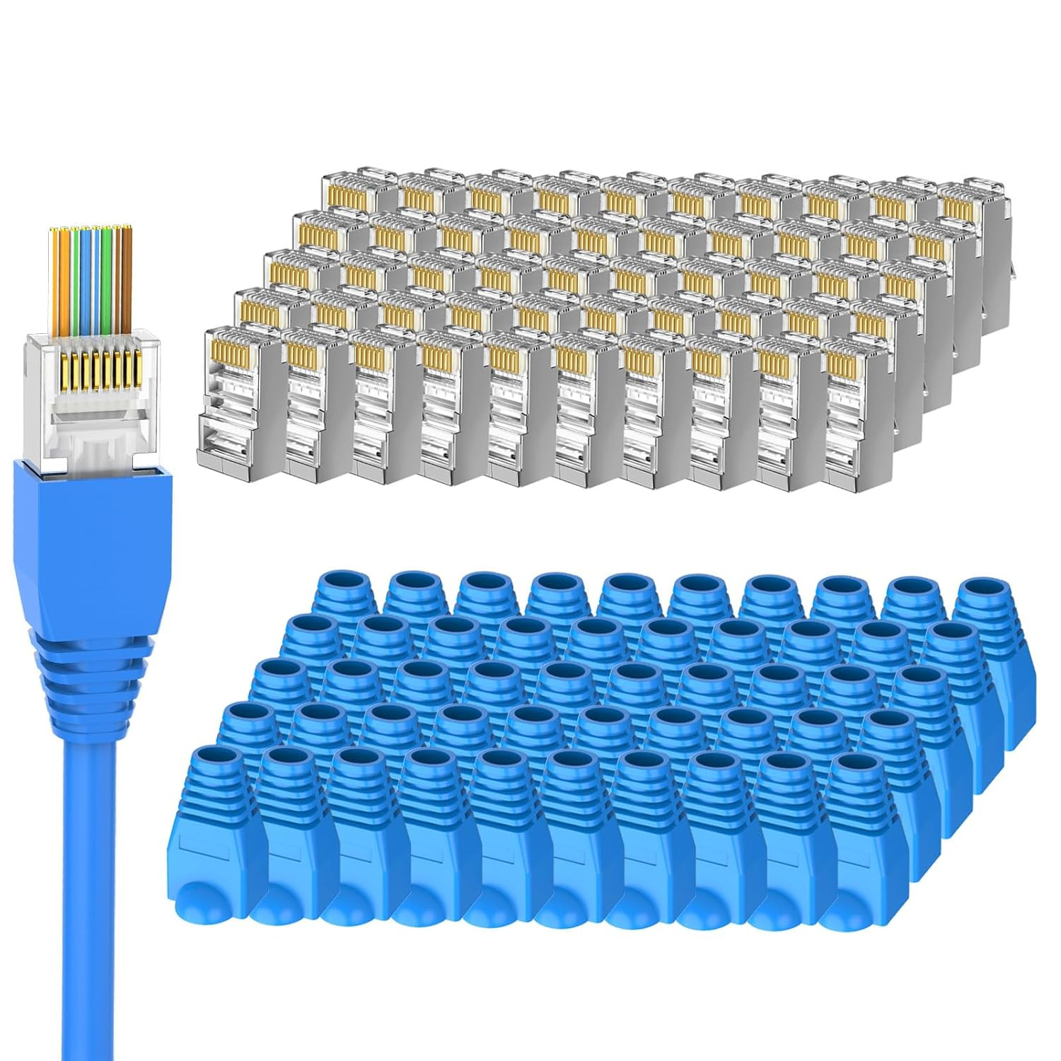 50-Pack Cat 6 Shielded Pass through RJ45 Connectors + 50Pack RJ45
