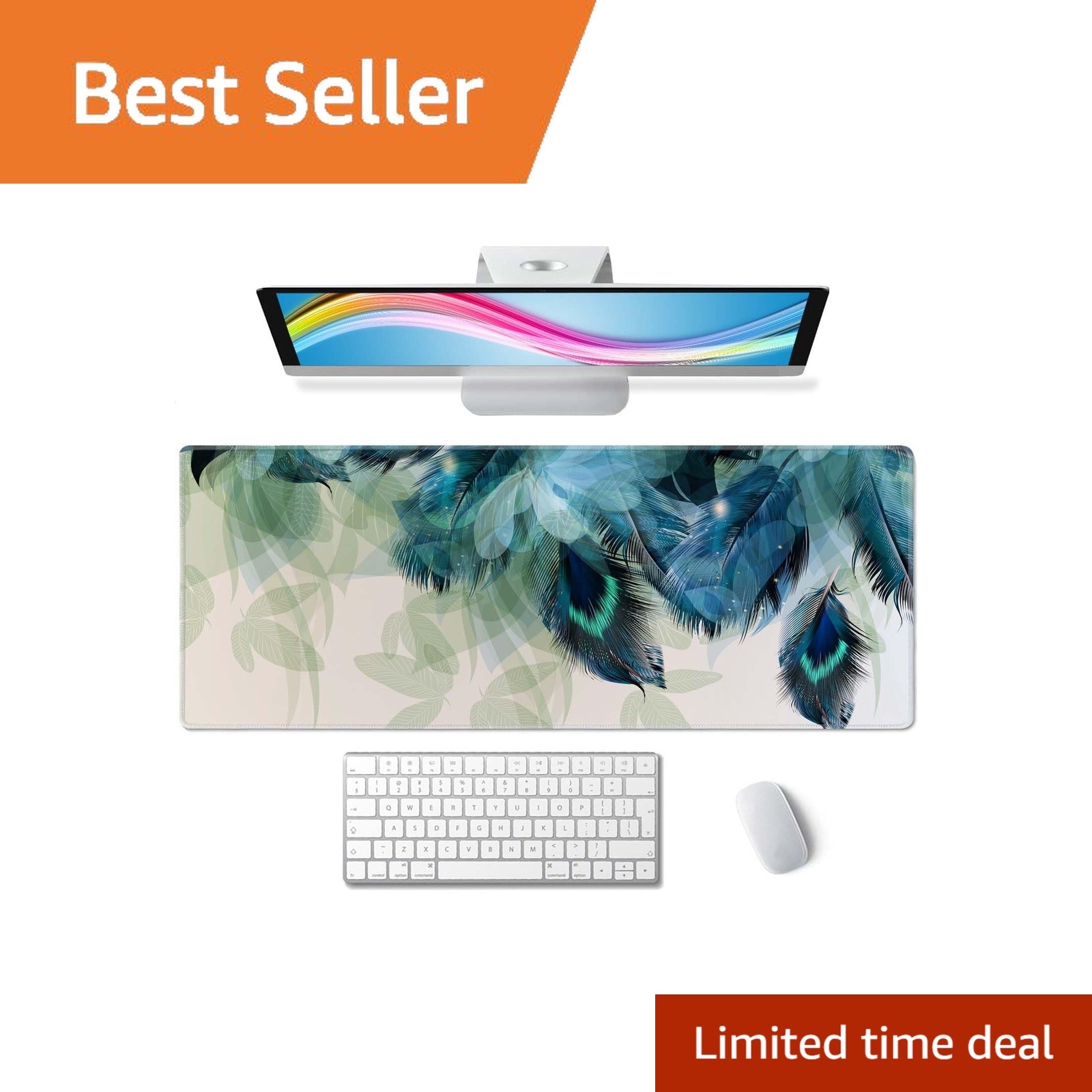 Wasica Extended Gaming Mouse Pad Watercolor Peacock Feather