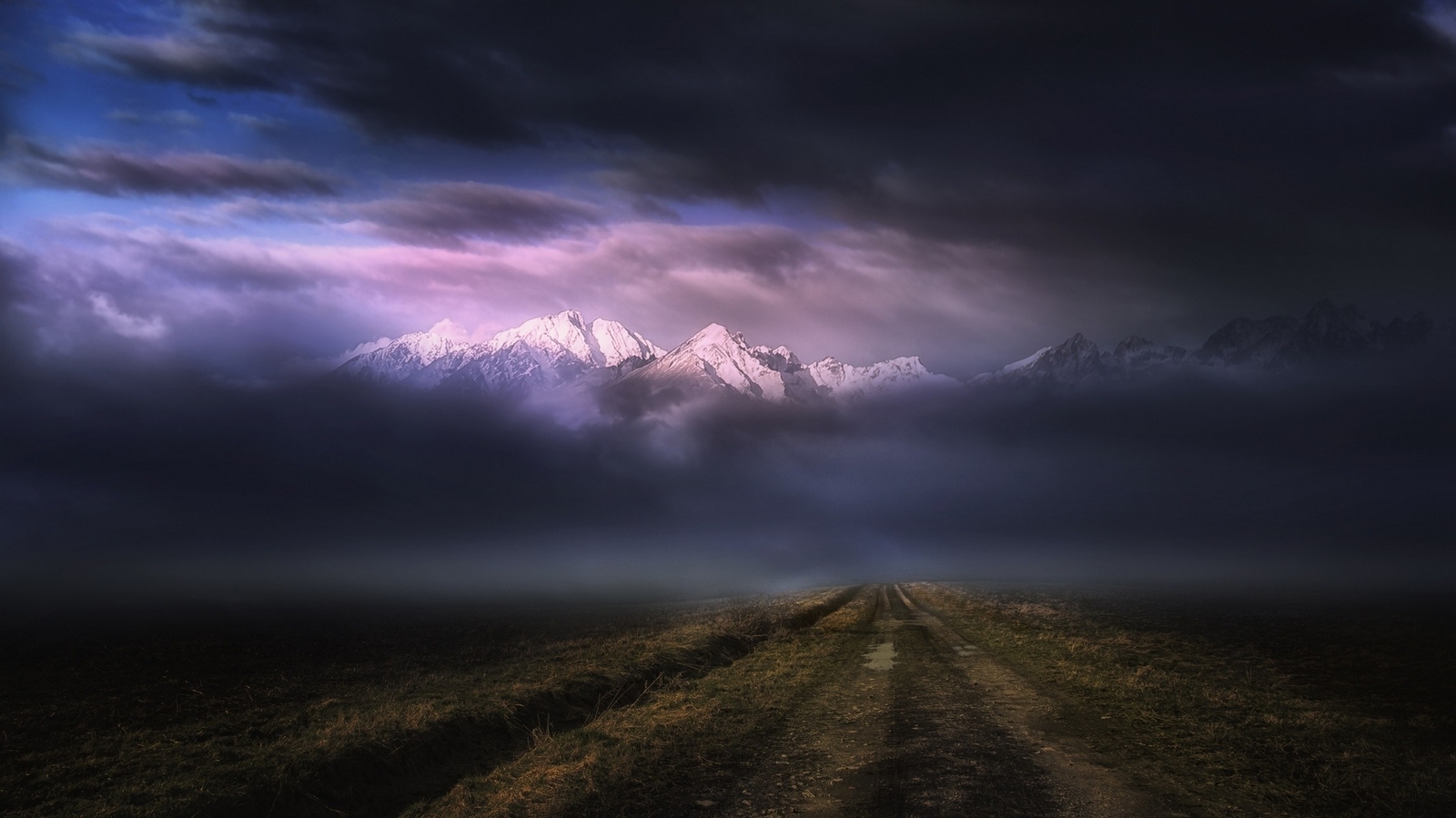 Landscape nature dirt road mountains dark clouds snowy Custom Gaming Mat Desk