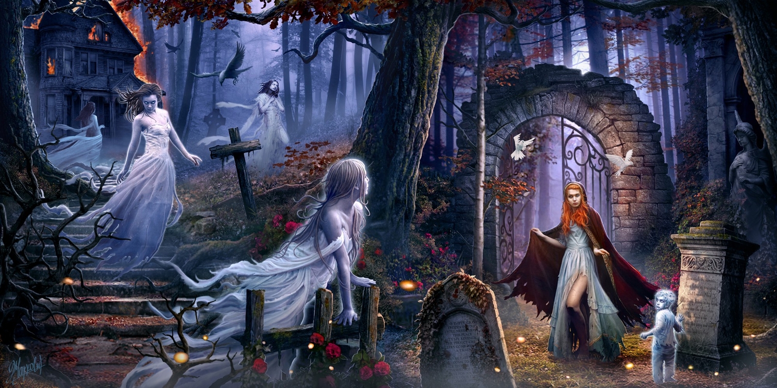 Landscape fantasy art dark ghost women cemetery trees Custom Gaming Mat Desk
