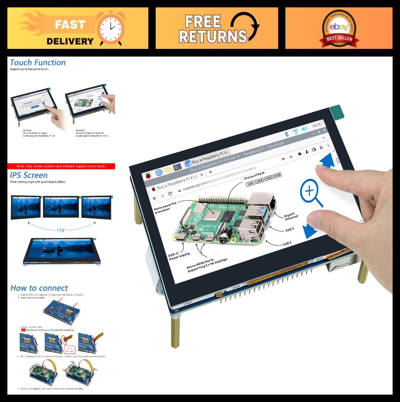 4.3" Touchscreen Monitor for Raspberry Pi 5/4/3 B+, 800x480 IPS Display, 5-Point