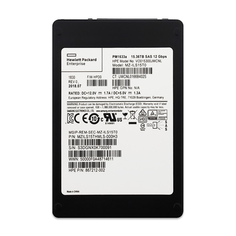 15.36TB HPE 867212-002 Samsung PM1633a 1DWPD 12Gbps SAS 2.5" Server SSD from TW
