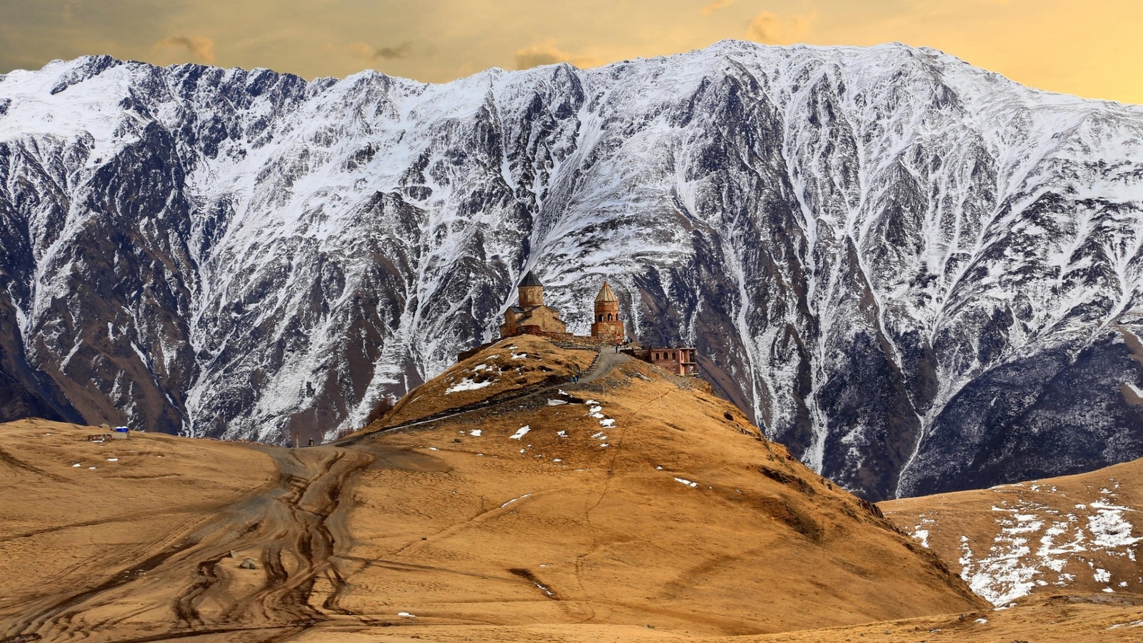Landscape nature mountains snowy peak georgia church Custom Gaming Mat Desk