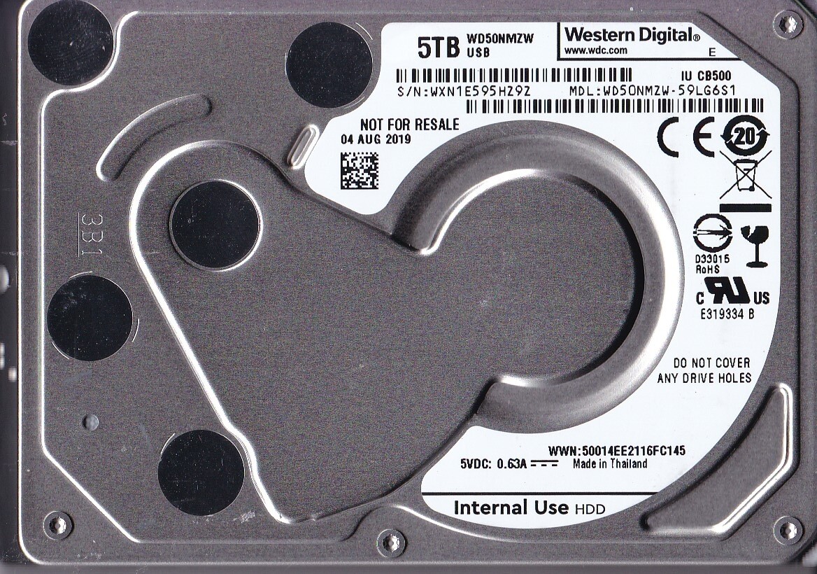 WD50NMZW-59LG6S1 s/n: WXN1E5 AUG 2019 Thailand 5TB USB 3.0 2.5" WESTERN DIGITAL