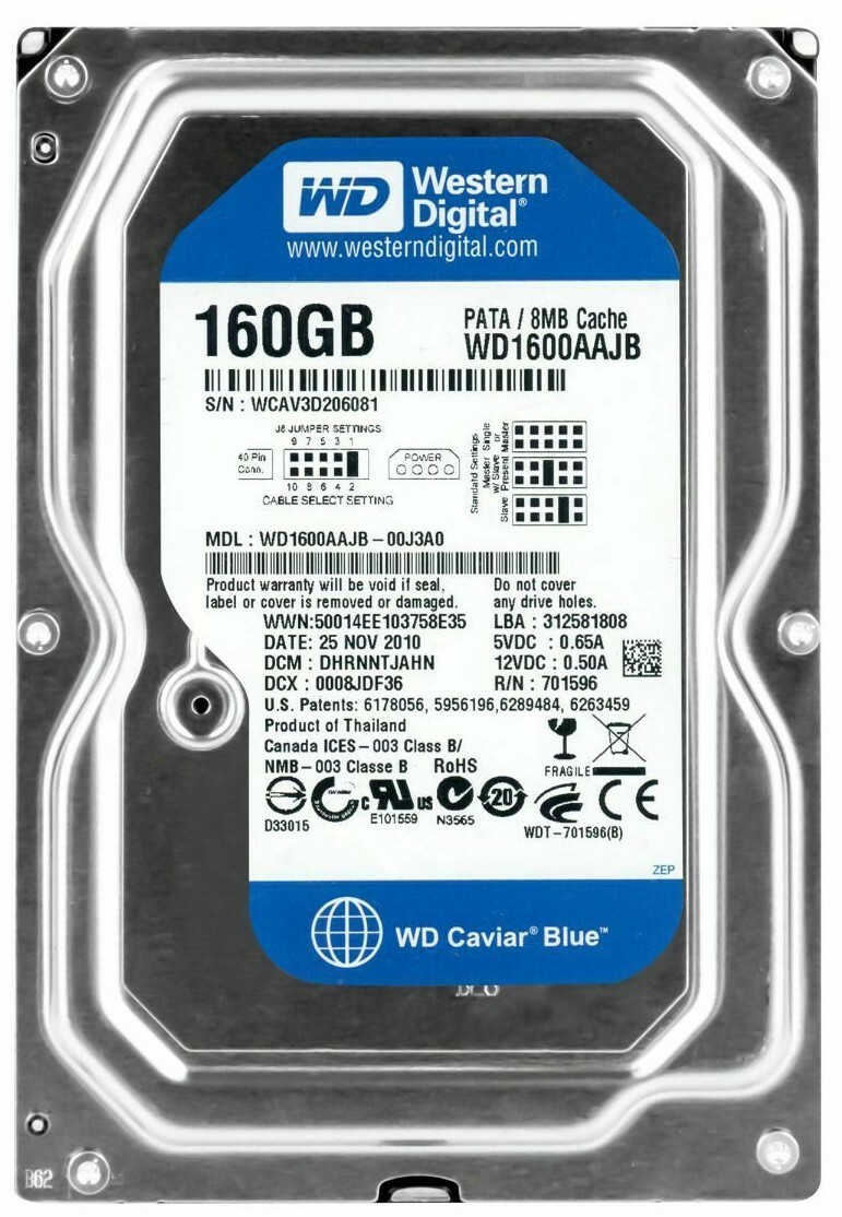 HARD DRIVE WD CAVIAR BLUE 160GB 7200RPM 8MB ATA IDE PATA WD1600AAJB 3.5'' inch