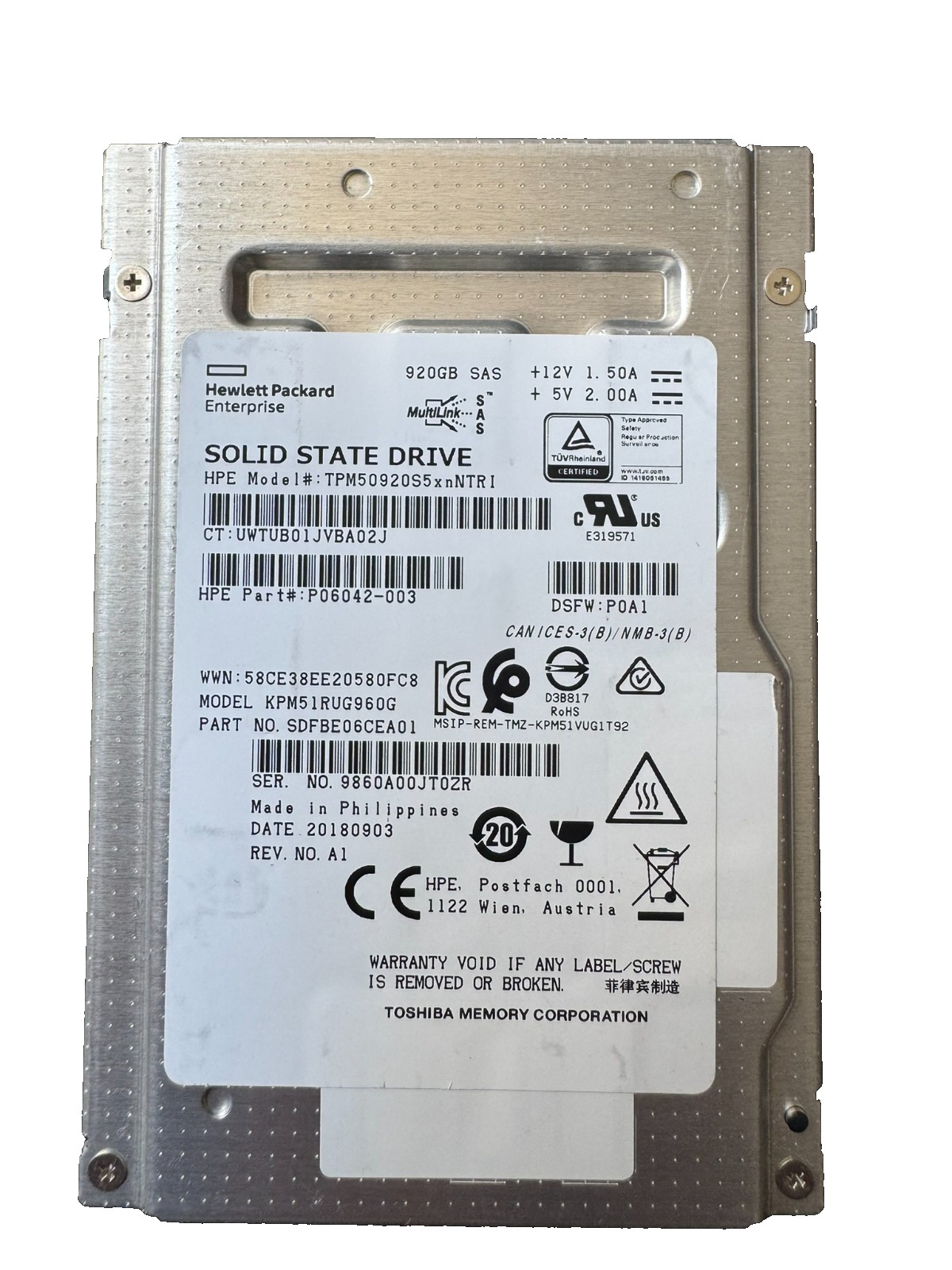 HPE Toshiba 920GB 2.5" SAS SSD 12Gbps/512b/s/Low Hours/Good Health-87-88%