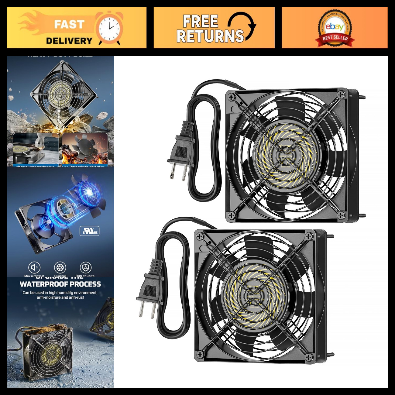 2 Pack Waterproof 120V AC Exhaust Fan, 120mm, 13W, 2800RPM, 60CFM - Ideal for Ho