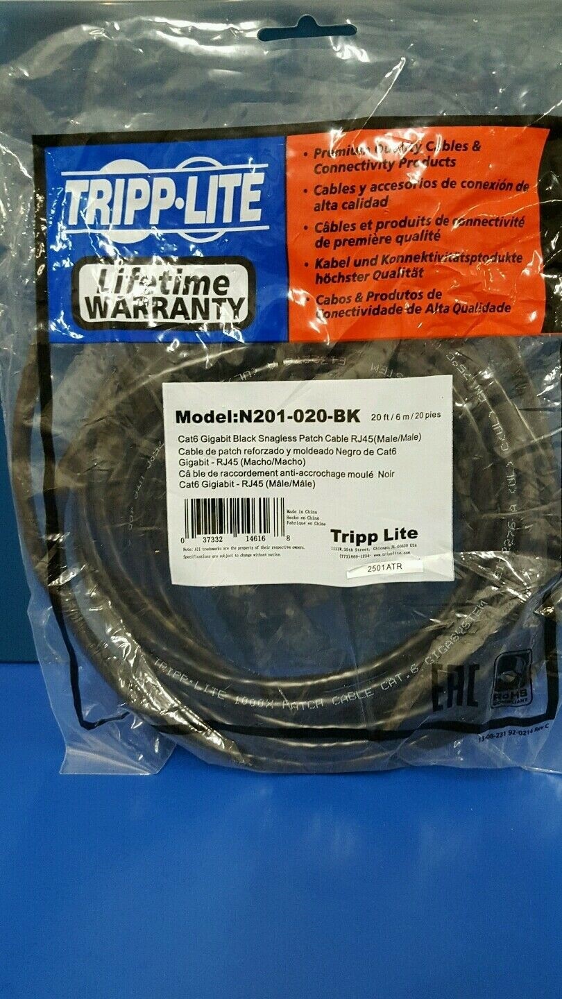 TRIPP LITE N201-020-BK 20 ft. Cat 6 Black Network Cable-LOT OF 2--