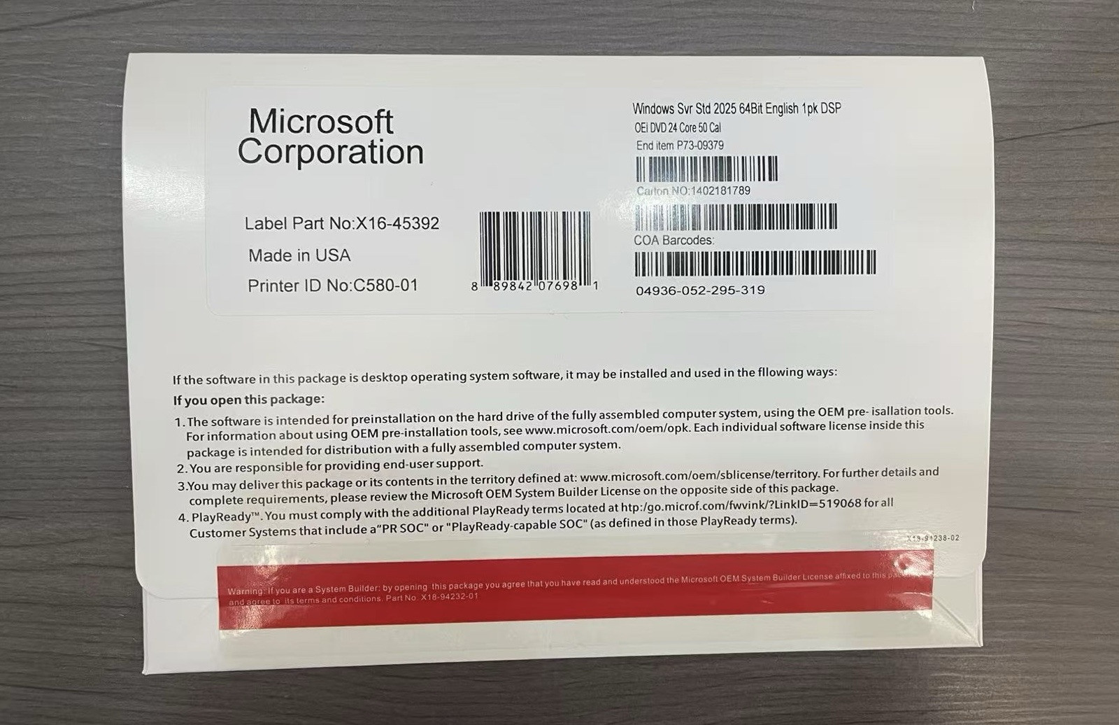 Microsoft Windows Server 2025 Standard 64Bit 24 Core 50 CALs DVD + License Key