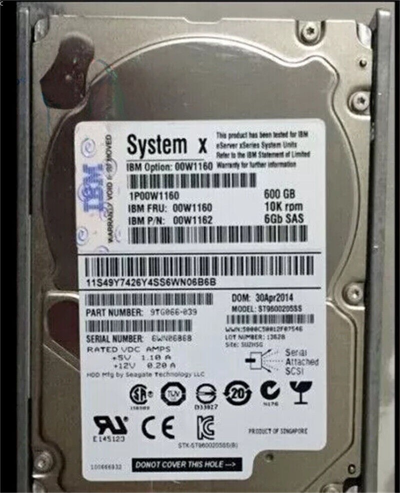 NEW IBM 00W1160 00W1162 00W1163 600GB 10K 6G SAS 2.5in DS3524 HARD DRIVE HDD