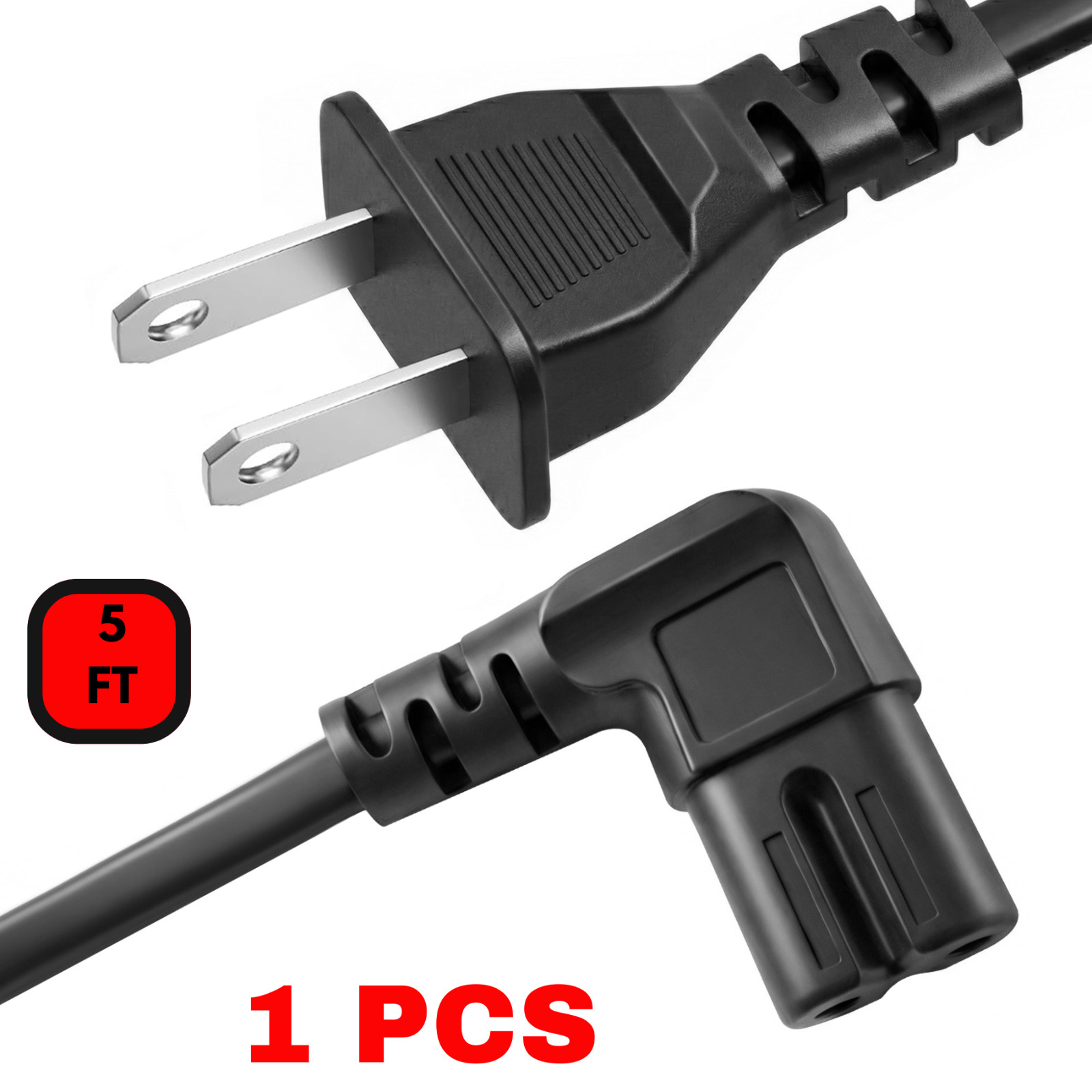 Lot of 1-100 2 prong 90 degree Angled 5ft C7 Figure 8 replacement TV power cord