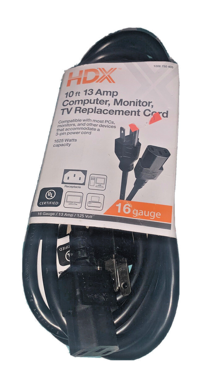 1 HDX 10 ft. 13 Amp  Black Computer, Monitor, TV Replacement Cord