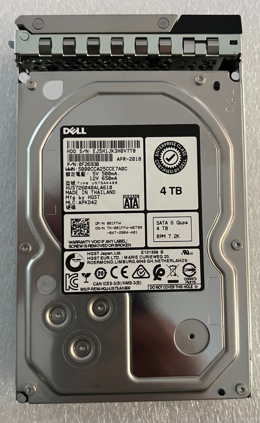 61FFW DELL 4TB 7.2K 6GBPS 3.5" SATA HARD DRIVE  HUS726040ALA610  061FFW  R540