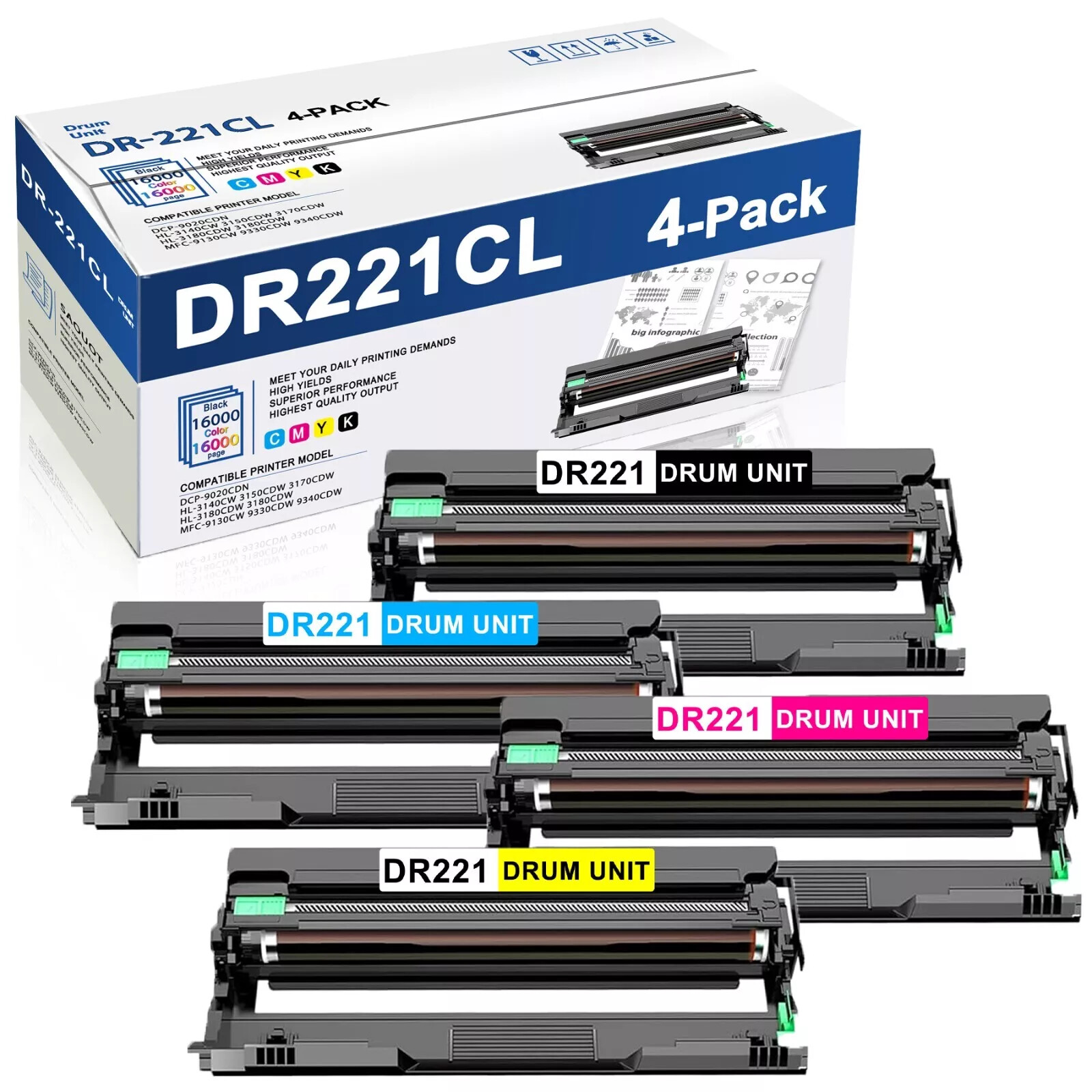 4 Pack DR-221CL Drum Unit Compatible With Brother DR-221 HL-3170CDW MFC-9340CDW