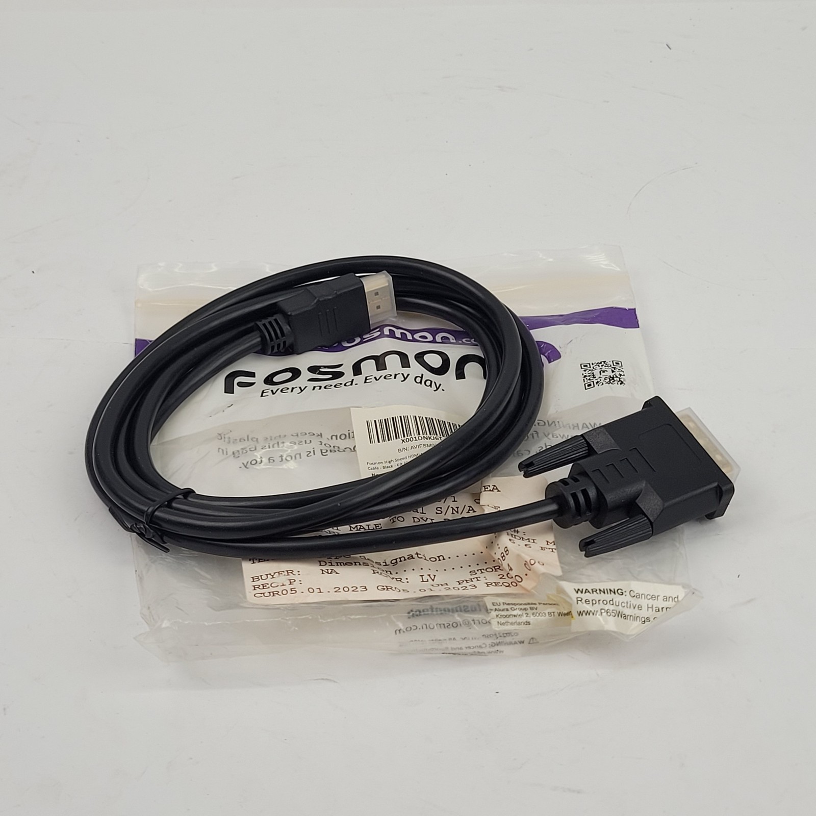 Fosmon HDDV6 Hdmi to DVI-D Cable, 6ft, 1080p - NEW