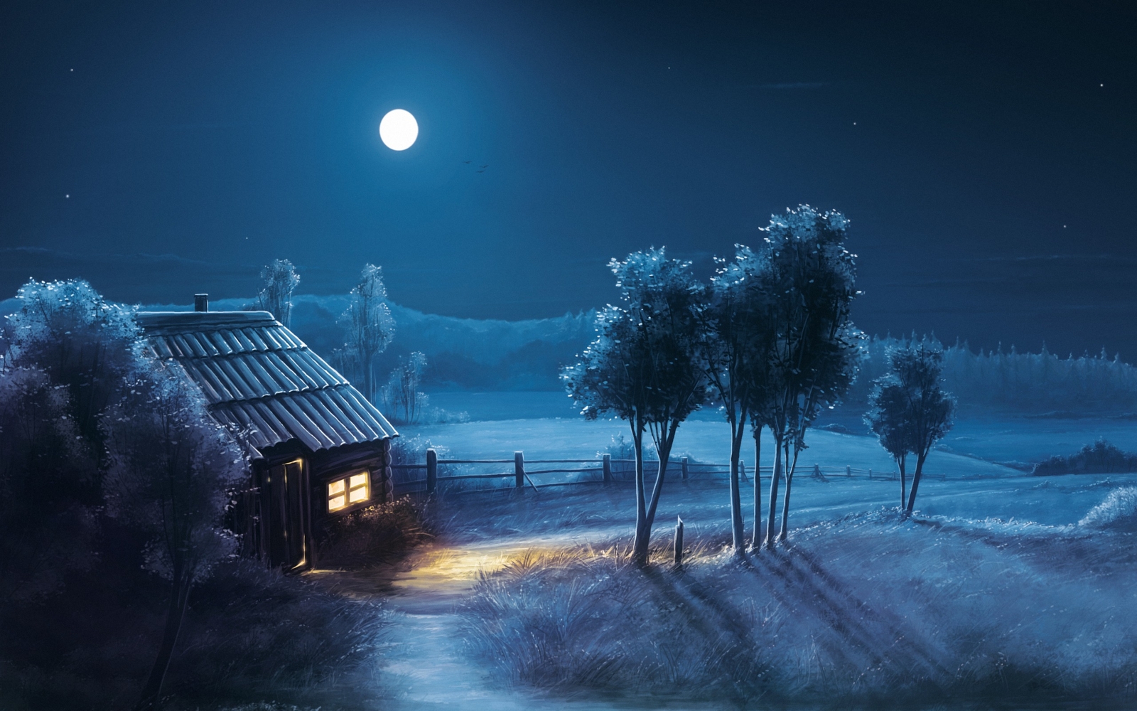 Landscape night moon stars dark cabin blue calm Custom Gaming Mat Desk