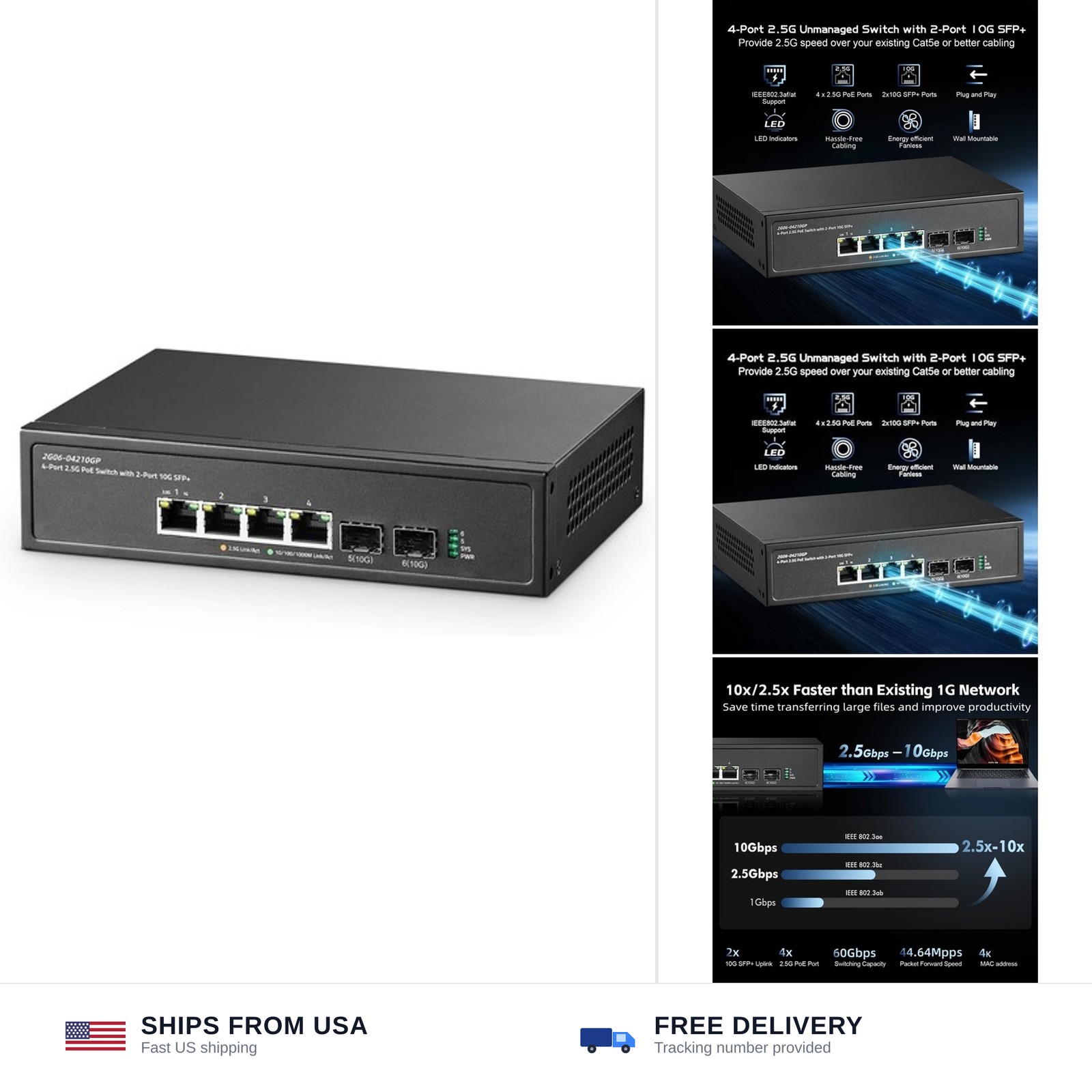 Binardat 6 Port 2.5G PoE Switch with 2x10G SFP+ Port, 4x2.5G Base-T Ports Com...