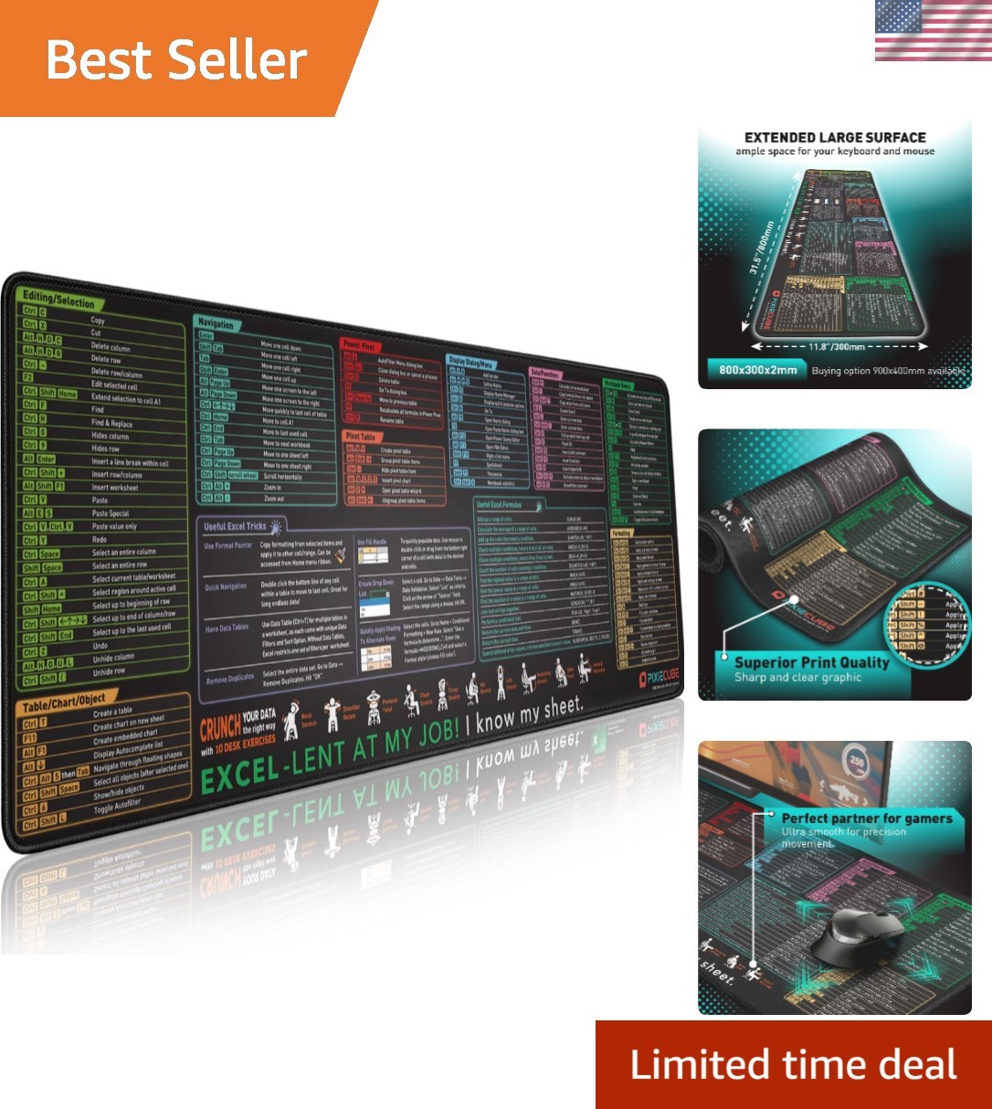 Excel Cheat Sheet Desk Pad | Excel Shortcut Keys Mouse Pad | Extended Large X...