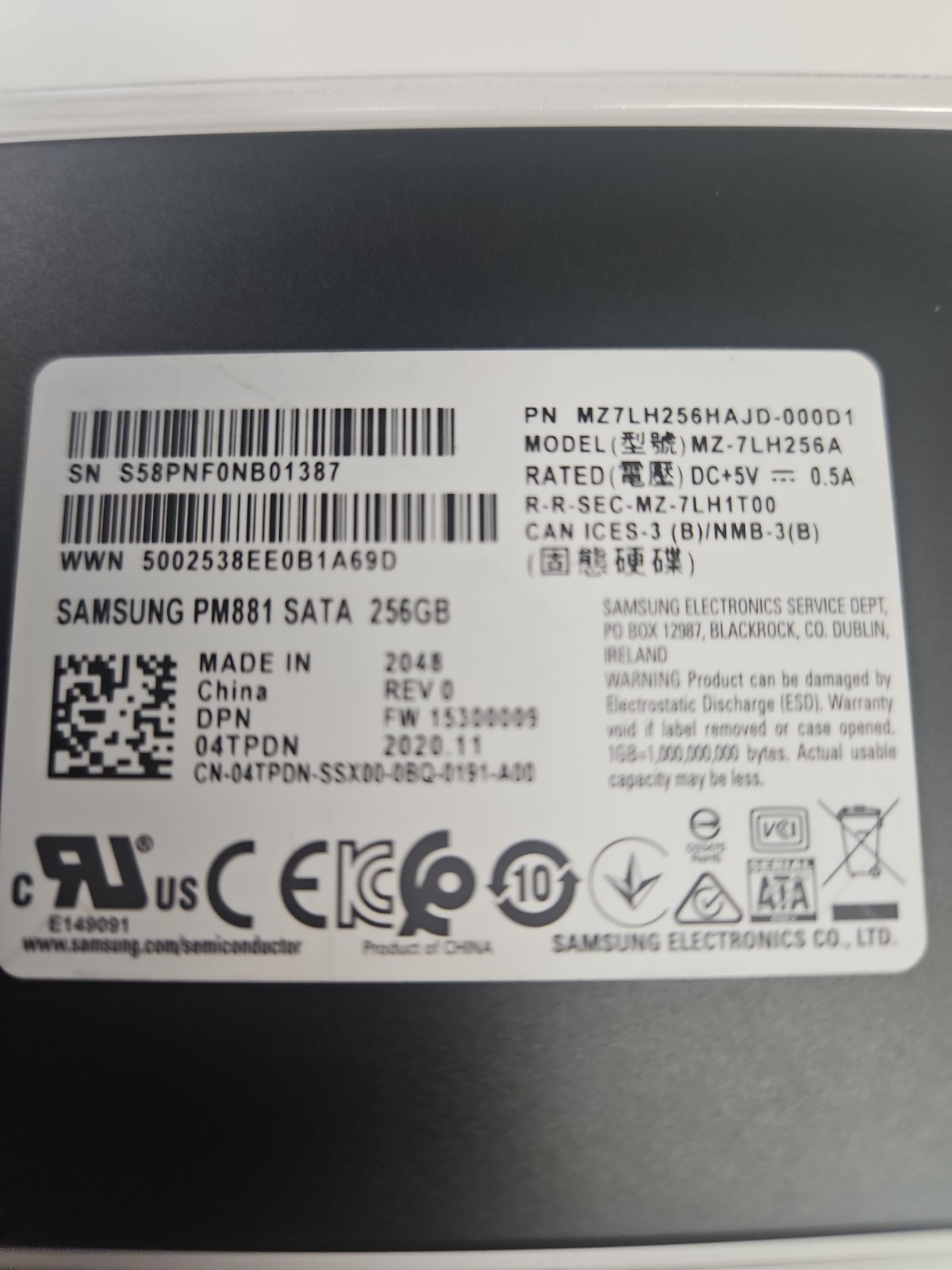 Samsung PM881 256GB 2.5in SATA Internal SSD MZ7LH256HAJD-000D1 Pre-owned 
