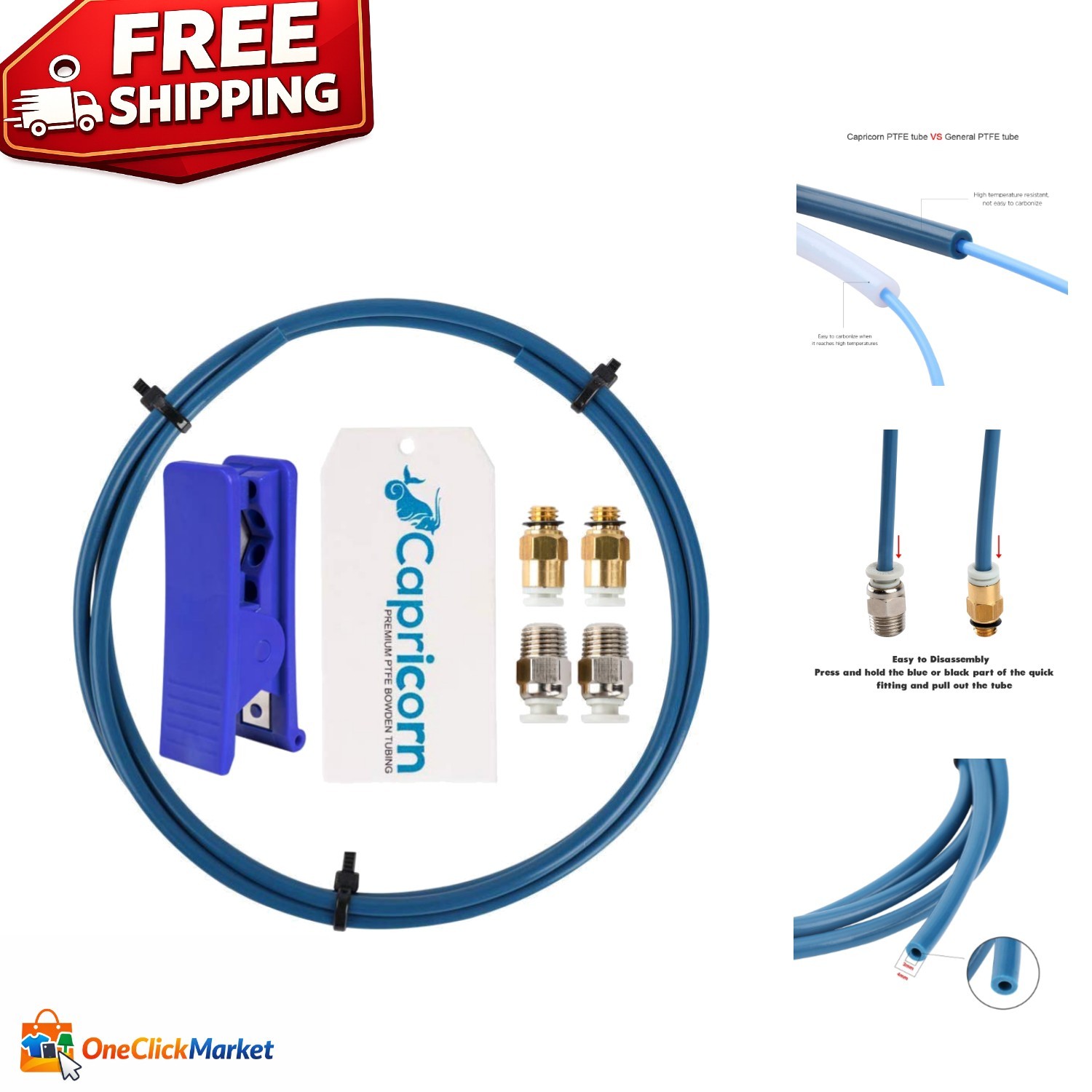 Capricorn Bowden PTFE Tubing 1M XS Series with Fittings & Cutter for 3D Printing