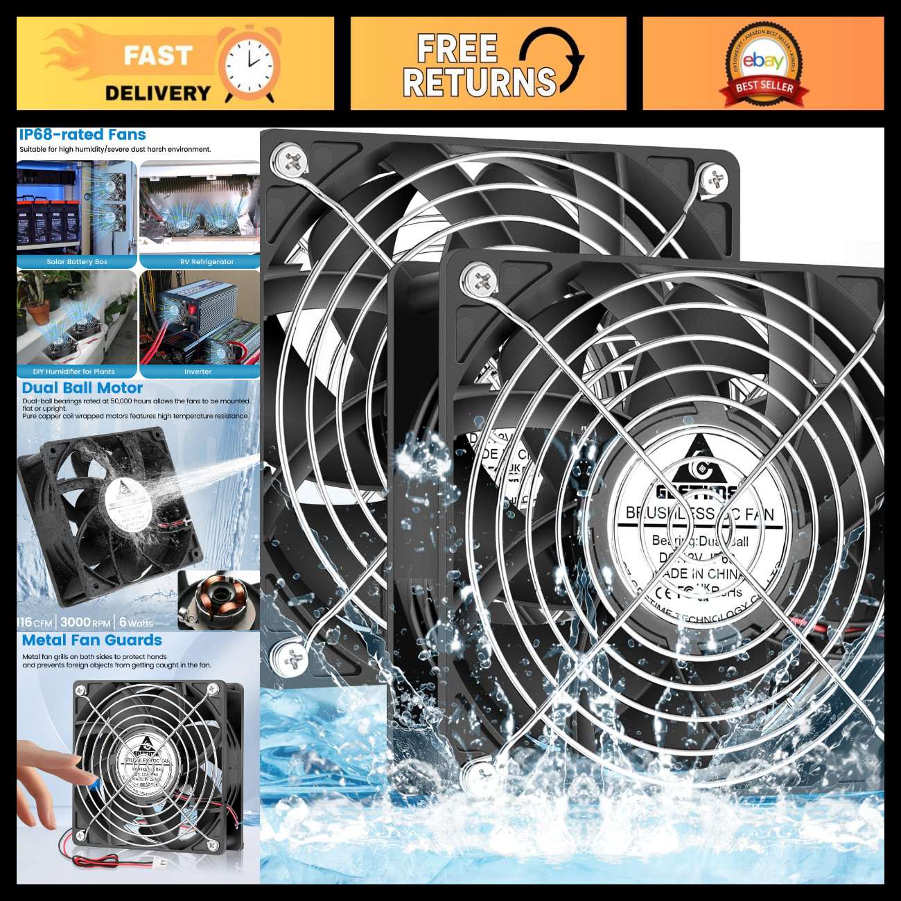 120mm Waterproof Cooling Fan 12V DC High Speed Dual Ball Bearing 2-Pin IP68
