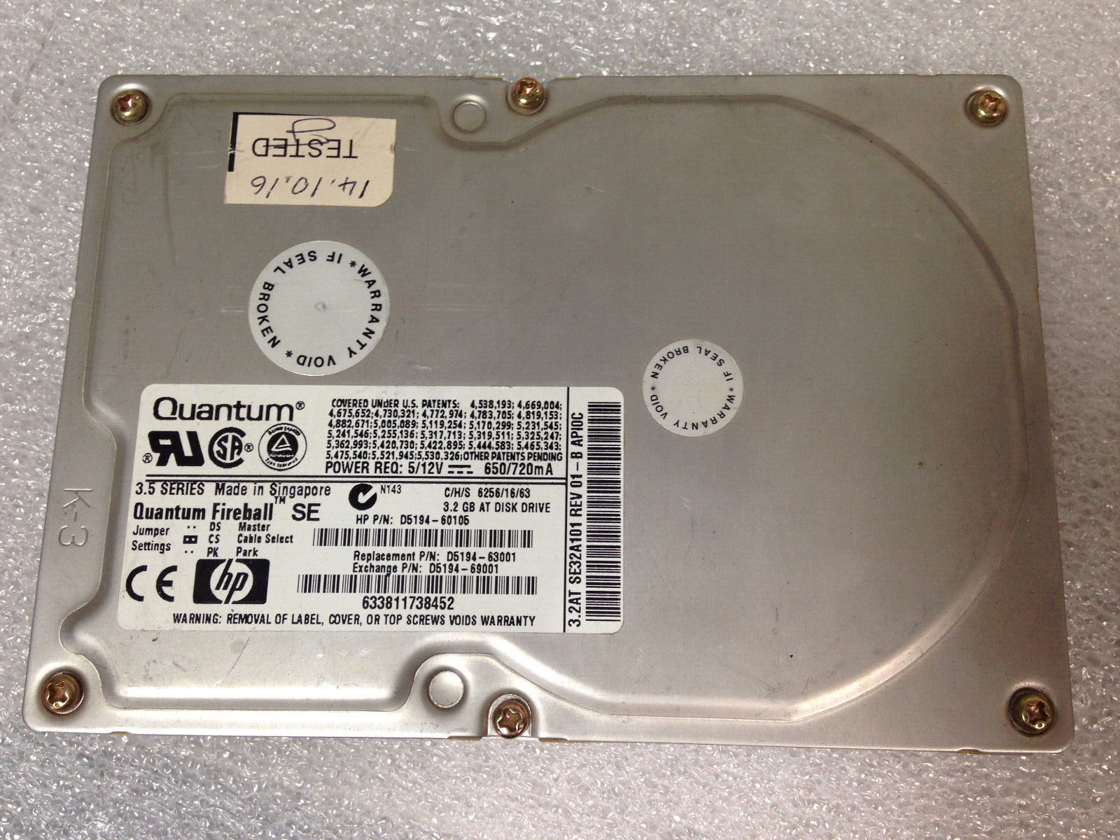 Quantum 3.2AT SE32A101 REV 01-B APIOC D5194-60105 3.2GB IDE   hard drive