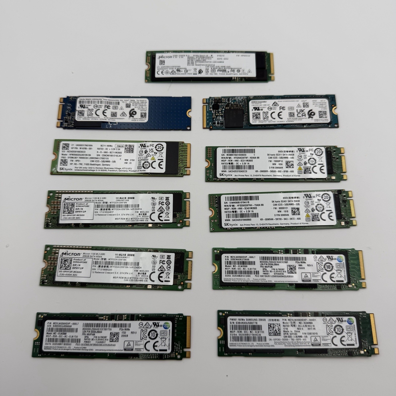 Lot of (11) Mixed Brand 256GB NVMe 2280 Form Factor Solid State Hard Drives