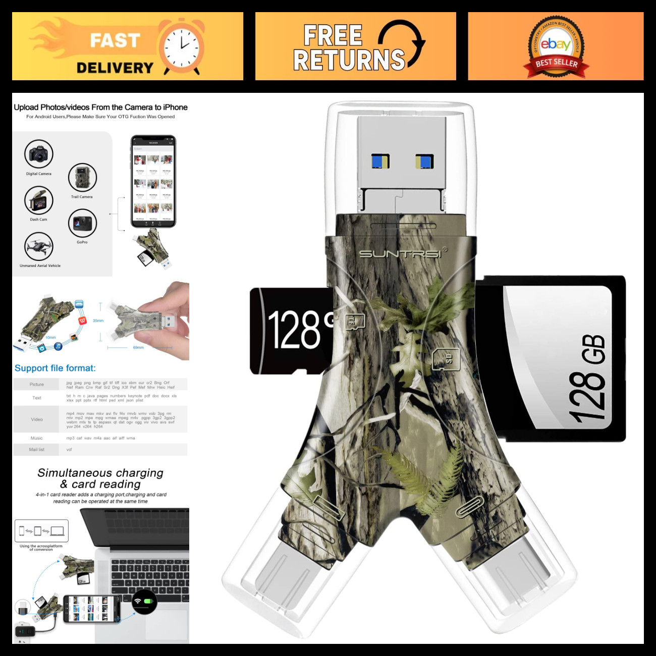 4-in-1 SD Card Reader for iPhone, iPad, Android, Mac & Camera - Portable Adapter