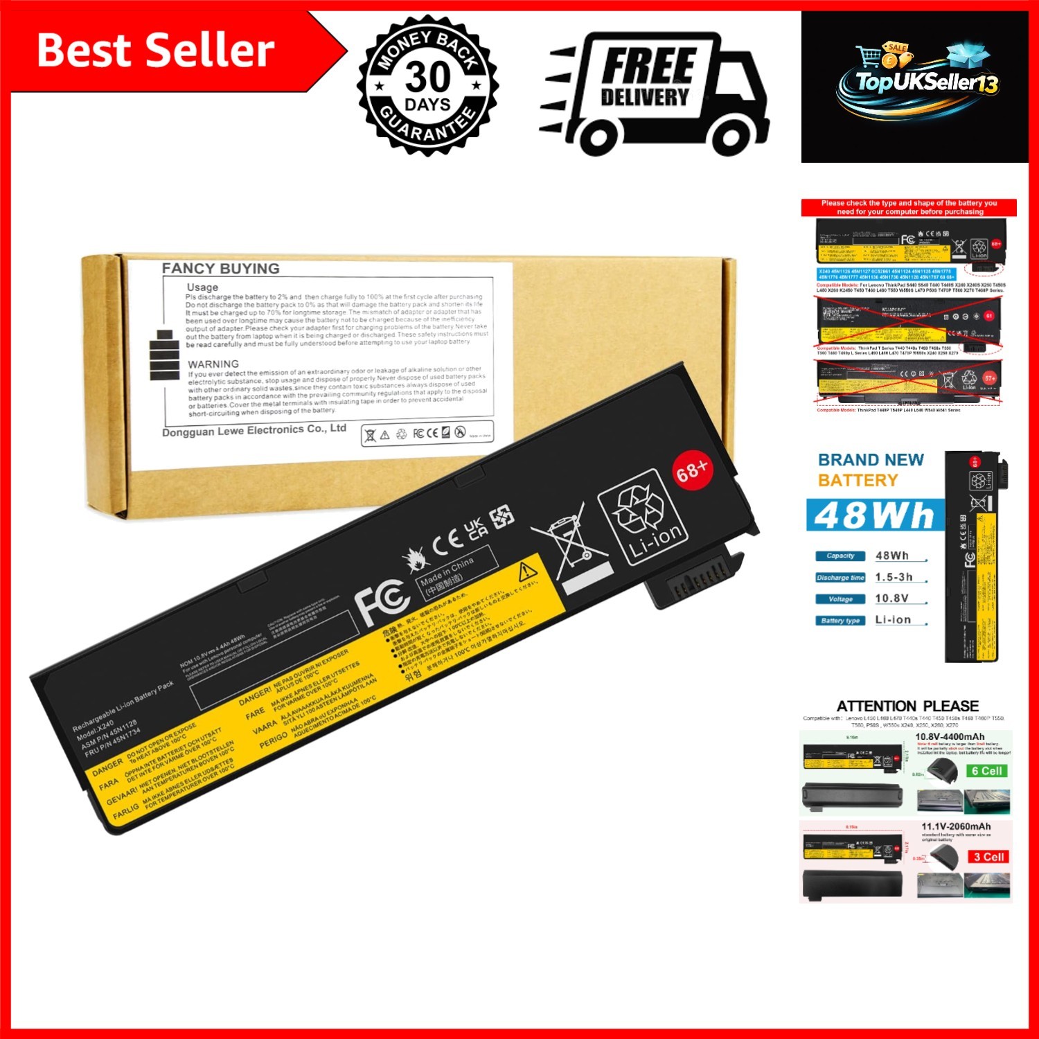 68+ 45N1128 X240 Battery Compatible with ThinkPad T440 T440s T450 T450s T460 ...